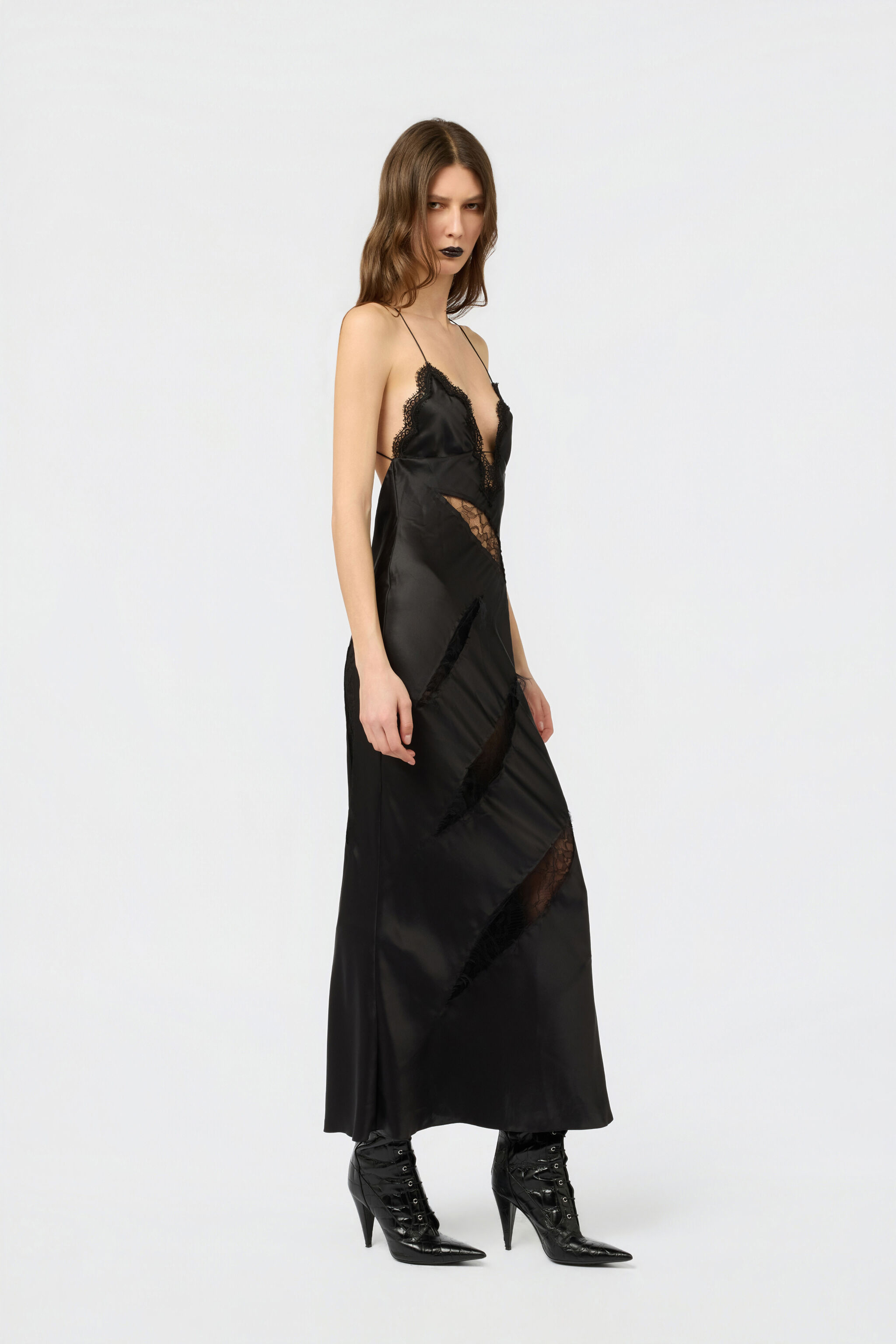 RC Robe En Soie Noire Avec Découpes En Dentelle BLACK XWT147-SE041