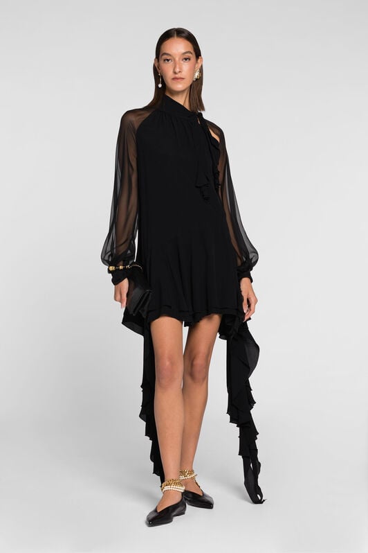 RC Sheer-sleeve draped-ruffle silk dress RC Sheer-sleeve draped-ruffle silk dress Black QKT125-SY005
