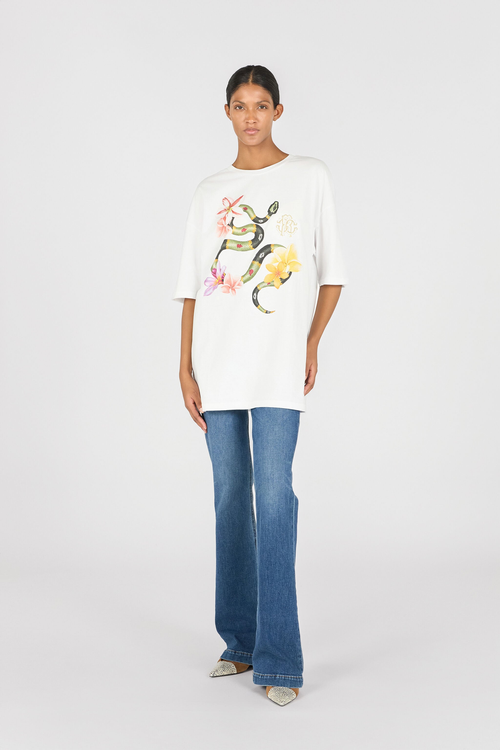 RC T-Shirt Mit Schlange Und Blumen Weiß OOT62A-JD060