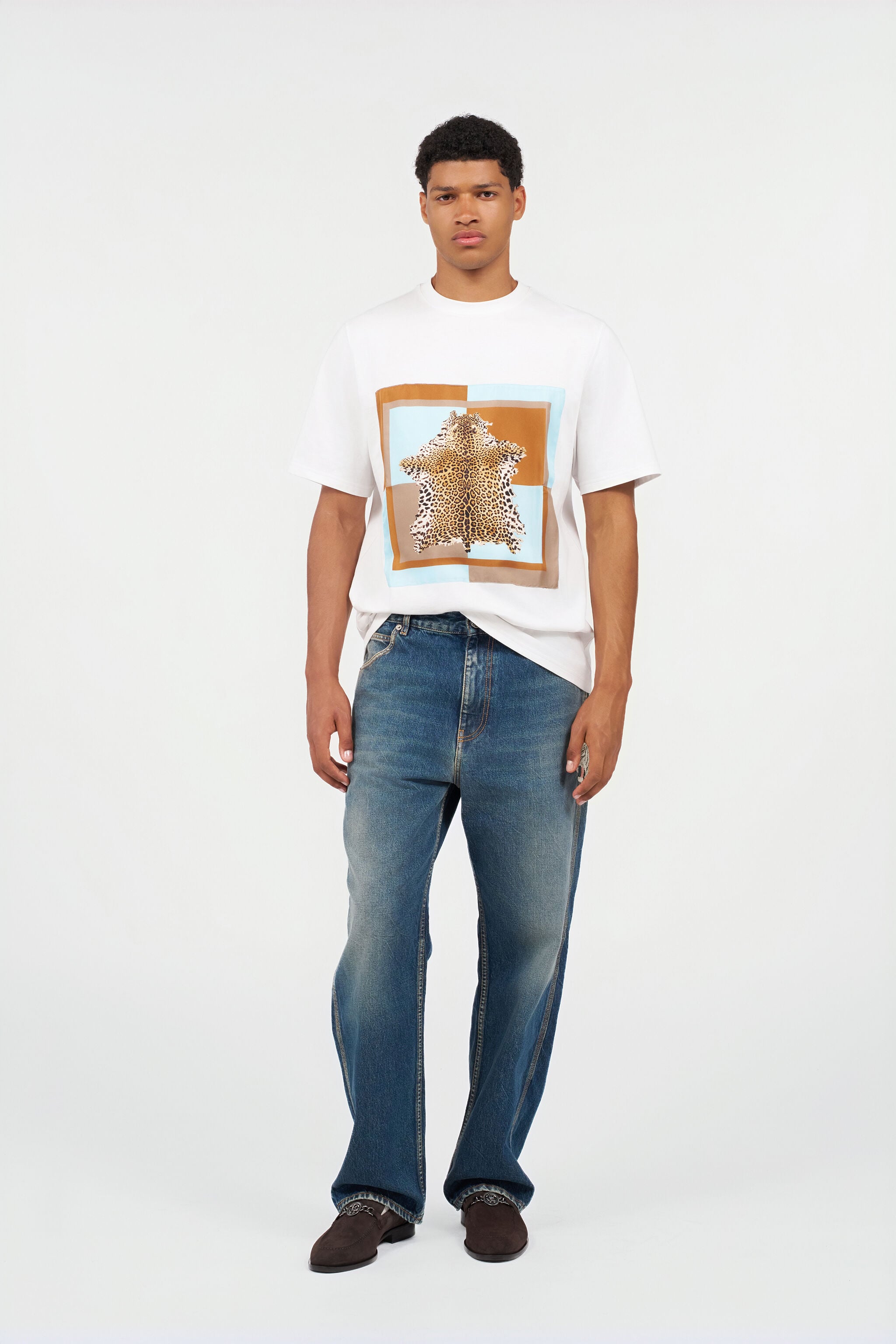 Leopard-print cotton T-shirt in WHITE for Men | Roberto Cavalli®