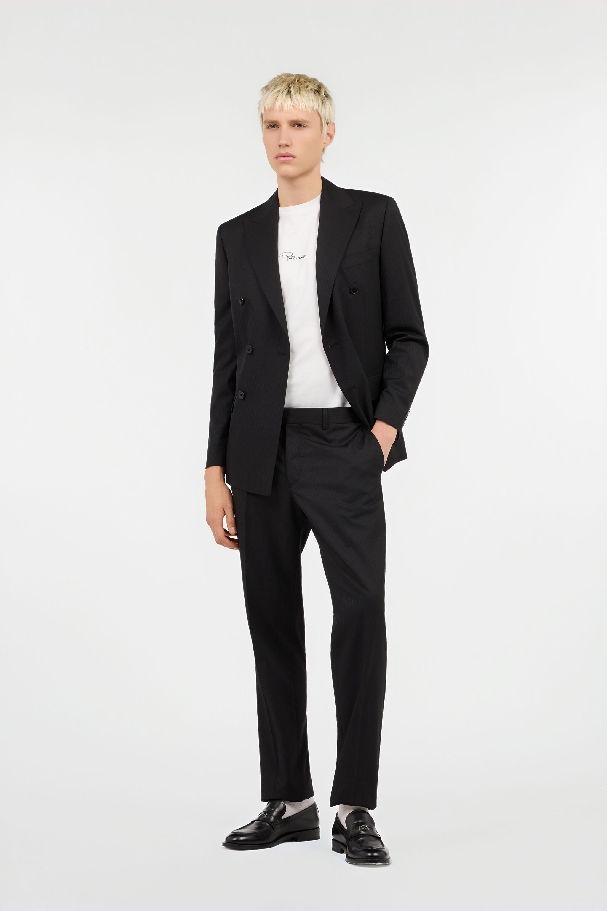 RC Black Pinstripe Double-Breasted Wool Suit RC Black Pinstripe Double-Breasted Wool Suit BLACK/DARK GREY QOT40K-FEO02