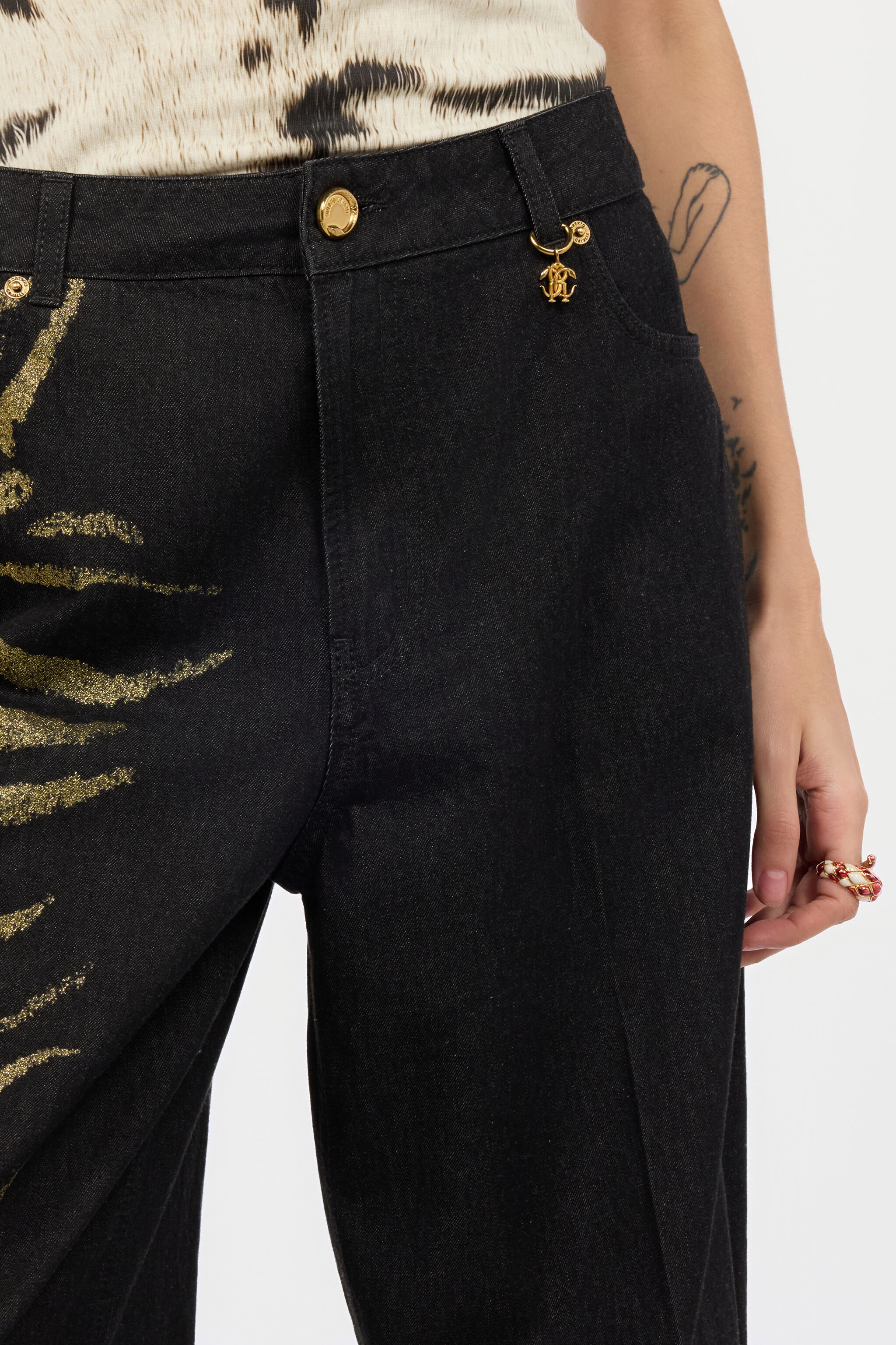 Jeans With Zebra Print On Side in Black/Gold for Women | Roberto
