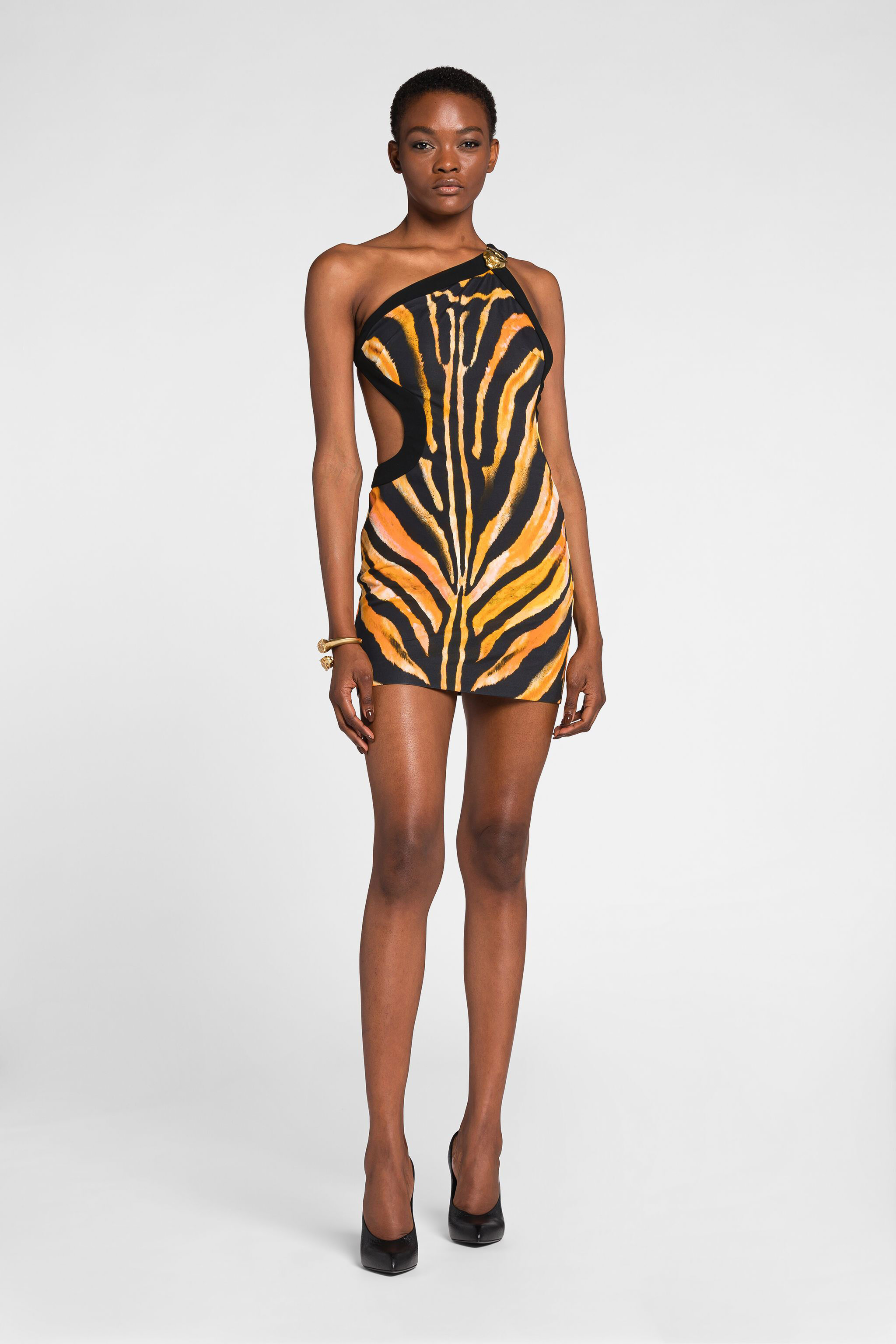 Zebra-Print One-Shoulder Mini Dress in Orange/Black for Women