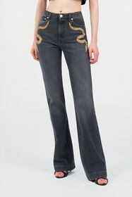 RC Flared Jeans with Snake Embroidery BLACK WKJ222-DN001