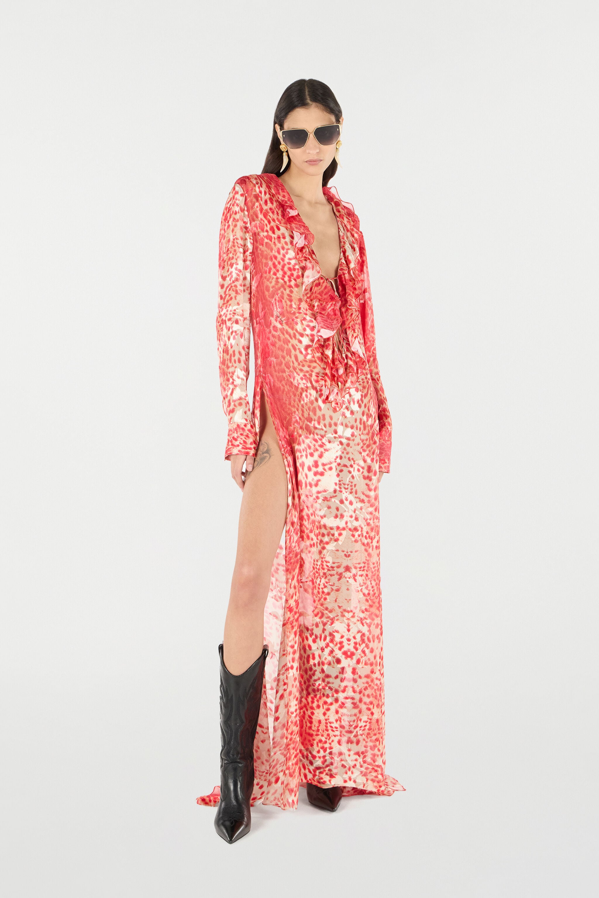 RC Langes Kleid mit Volant und Print Jaguar Skin RC Langes Kleid mit Volant und Print Jaguar Skin Rot UKT115-HEN58