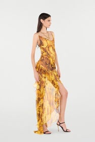 RC Asymmetric Silk Dress With Amber Print Yellow VKT139-CKP74
