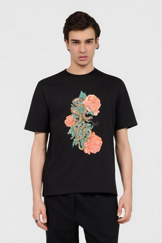 RC Black T-Shirt With Snake Floral Print RC Black T-Shirt With Snake Floral Print BLACK XNT61A-JD060