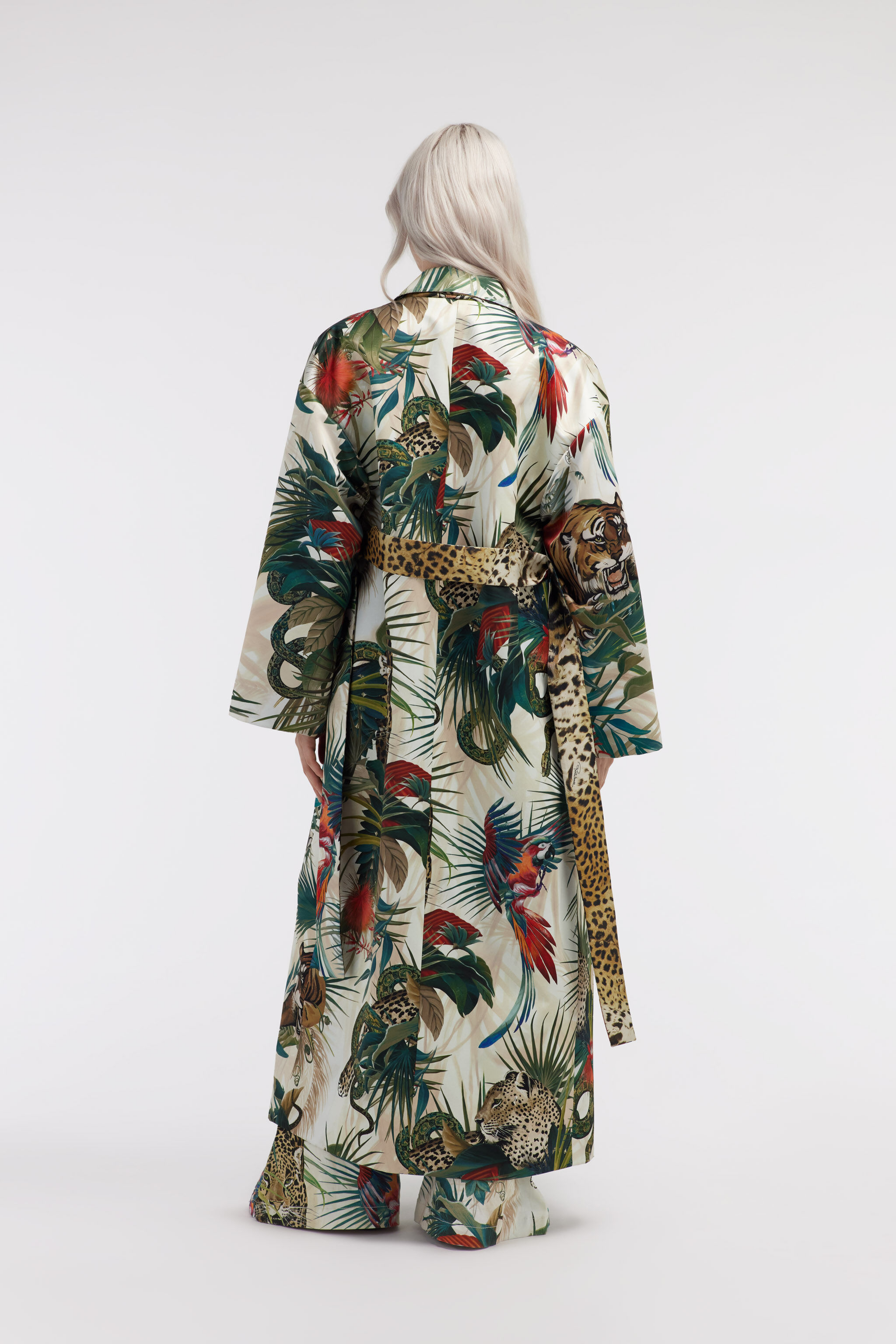 RC Jungle Print Belted Robe Coat With Silk Details RC Jungle Print Belted Robe Coat With Silk Details Green SKT501-SWI88