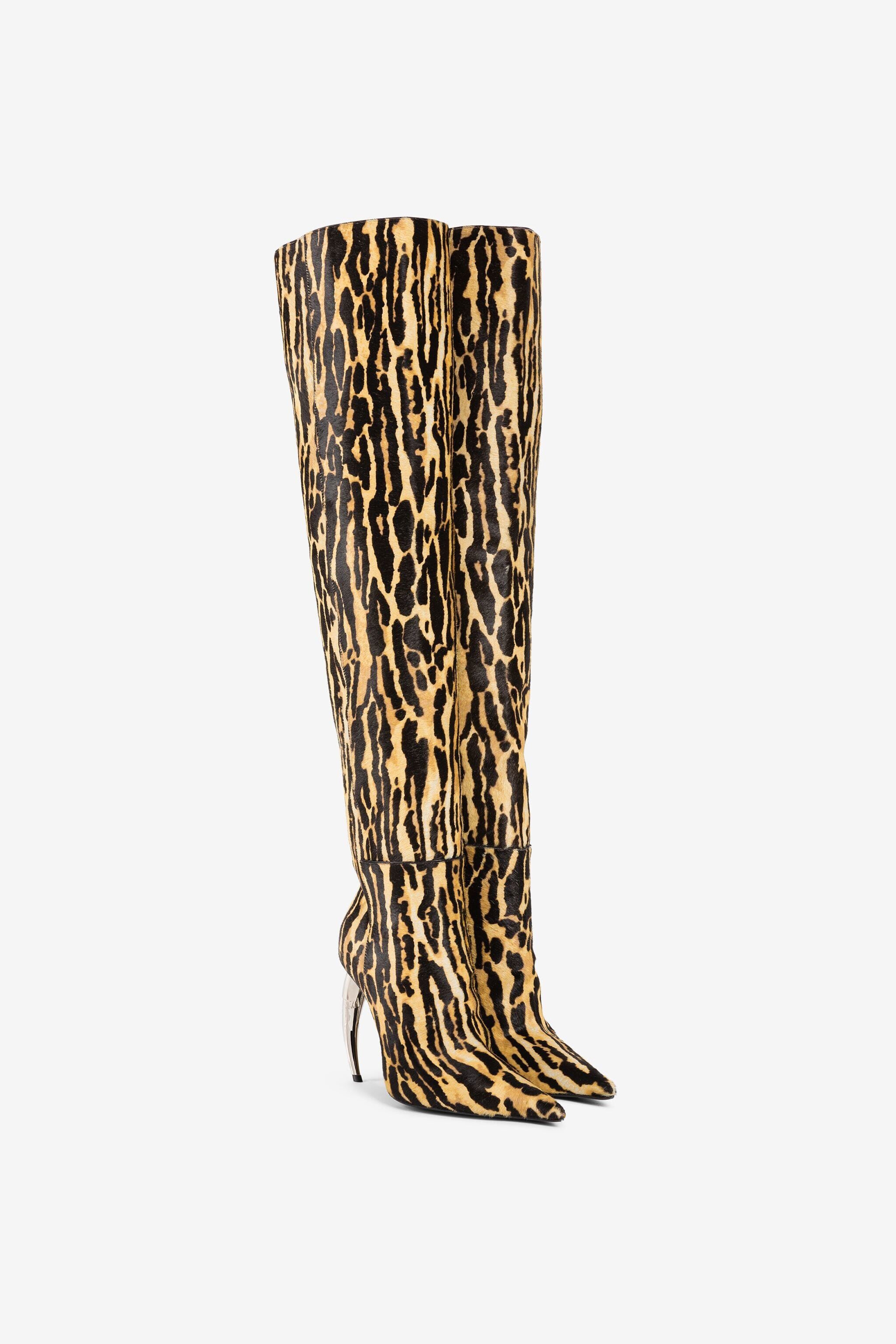 Ocelot-Print Calf Hair Thigh-High Boots in Light Brown for Women