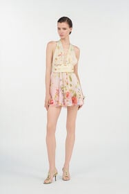 RC Chiffon Mini Dress with Miami Flowers Print GREEN/FUCHSIA WQT176-CKR32