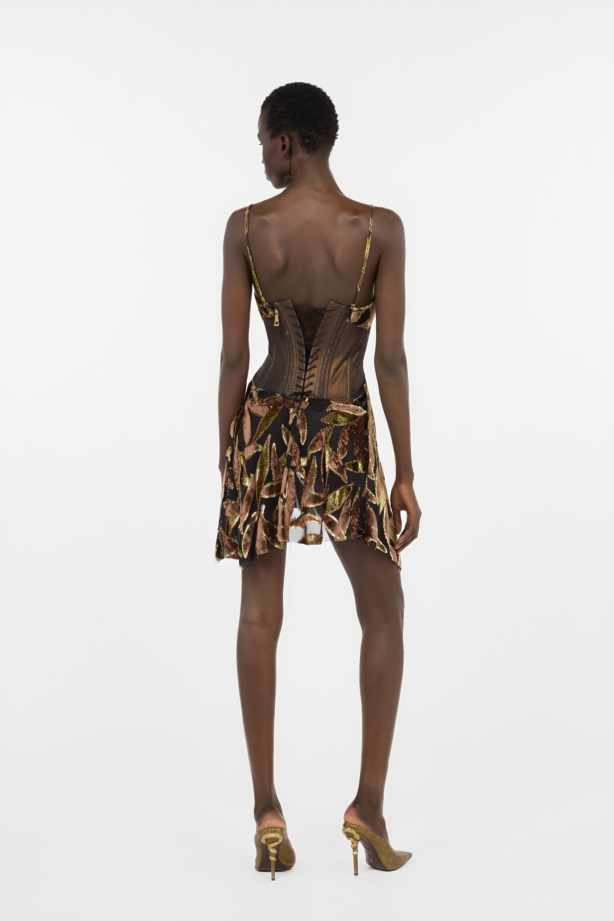 Chocolate Sheer Mini Dress with Foliage Motif in CHOCOLATE for