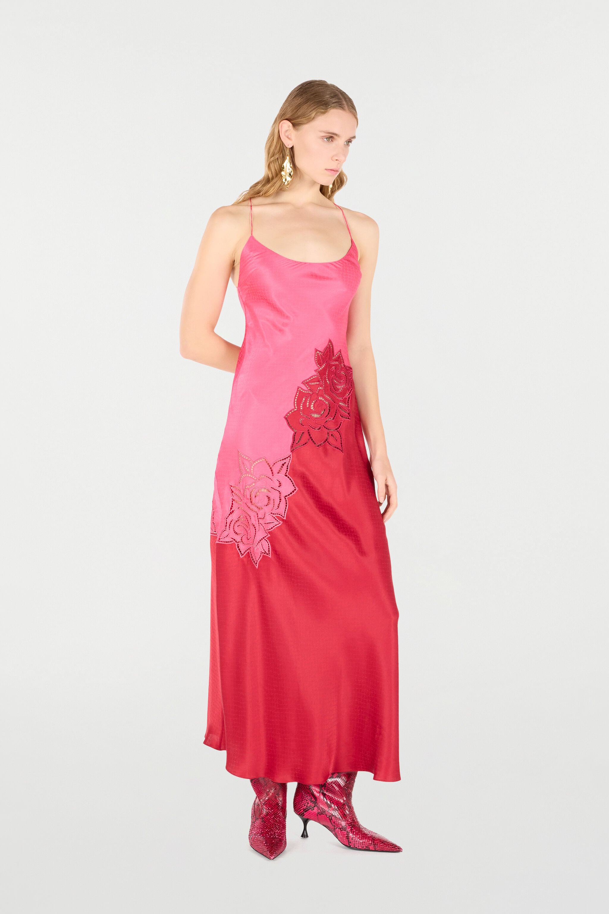 RC Long Dress With Perforated Rose Pattern Fuchsia UKR120-SZN57