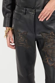 RC Pantaloni In Pelle Con Rose Traforate Nero UKP200-PN106
