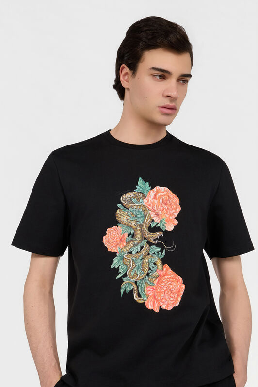 RC Black T-Shirt With Snake Floral Print RC Black T-Shirt With Snake Floral Print BLACK XNT61A-JD060