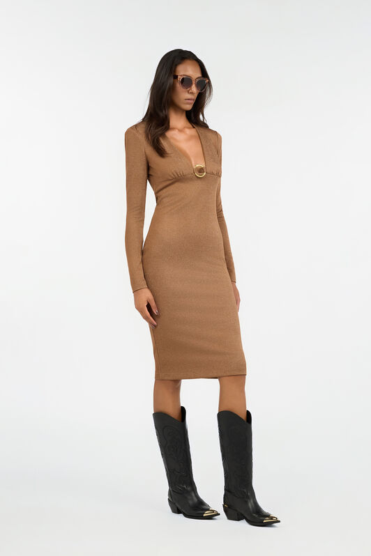 JC Braunes Lurex-Midikleid Mit Ringdetail JC Braunes Lurex-Midikleid Mit Ringdetail BRUNETTE VFT262-VF409