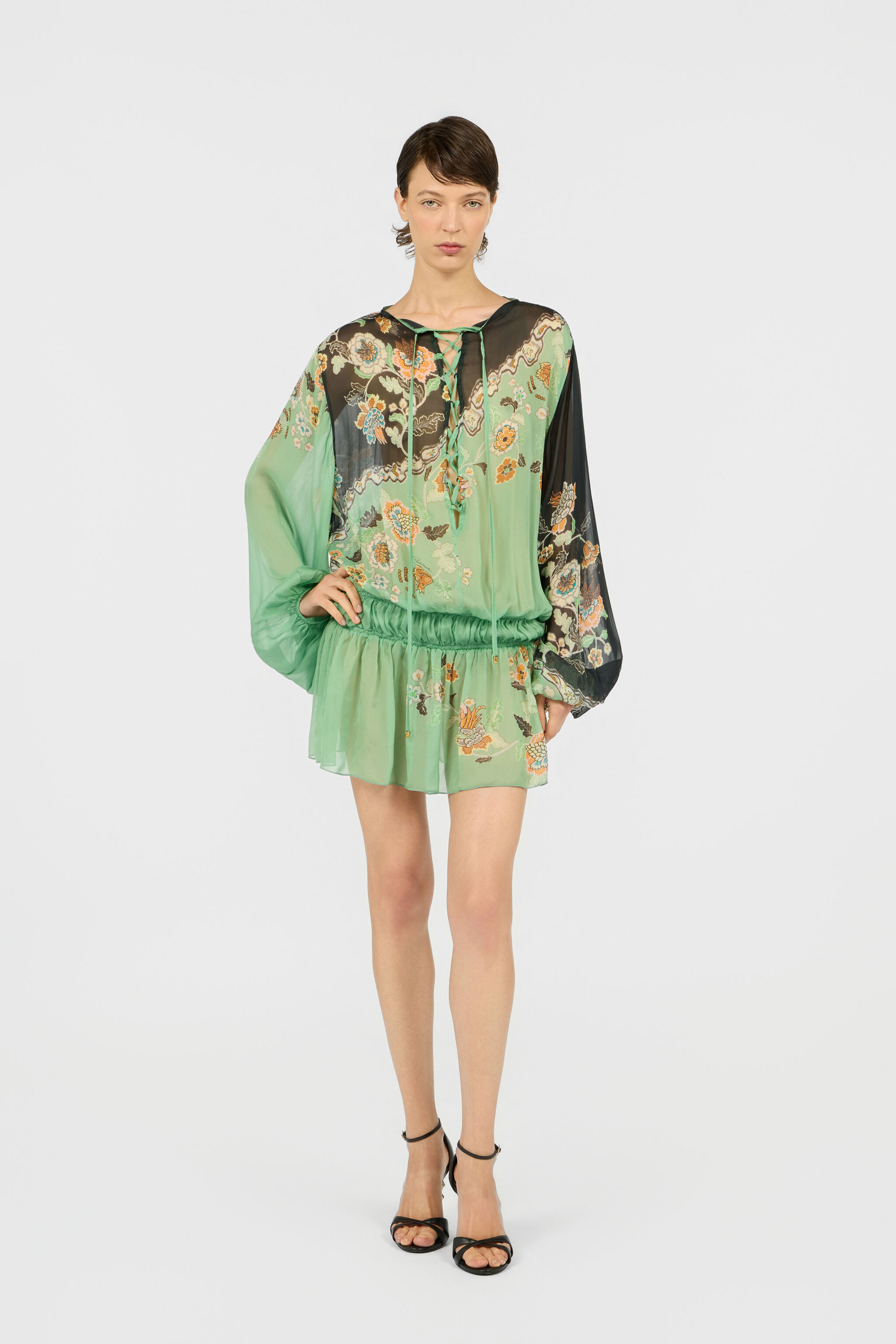 RC Vestido De Gasa De Seda Con Estampado Kimono RC Vestido De Gasa De Seda Con Estampado Kimono GREEN/BLACK XQW037-HNT25