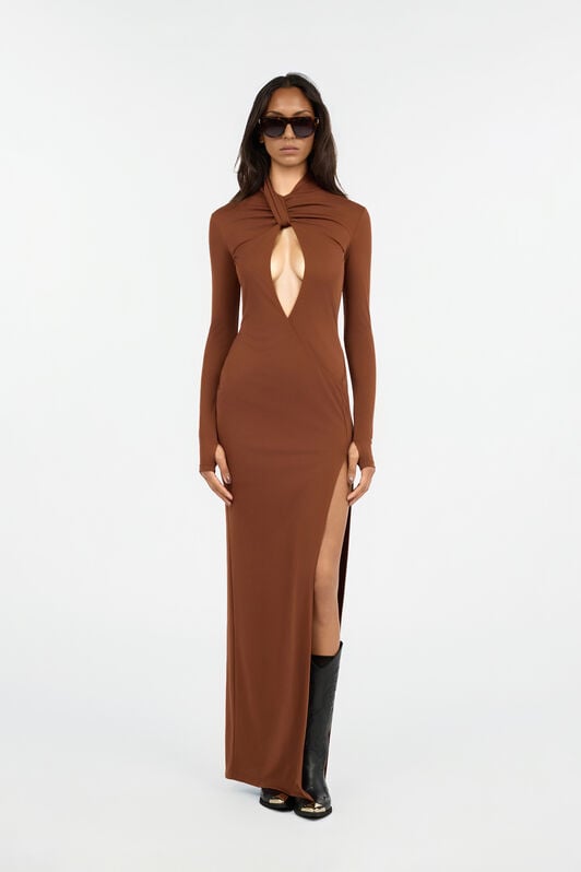 JC Brown Maxi Dress With Twisted Neckline JC Brown Maxi Dress With Twisted Neckline BRUNETTE VFT283-VF433