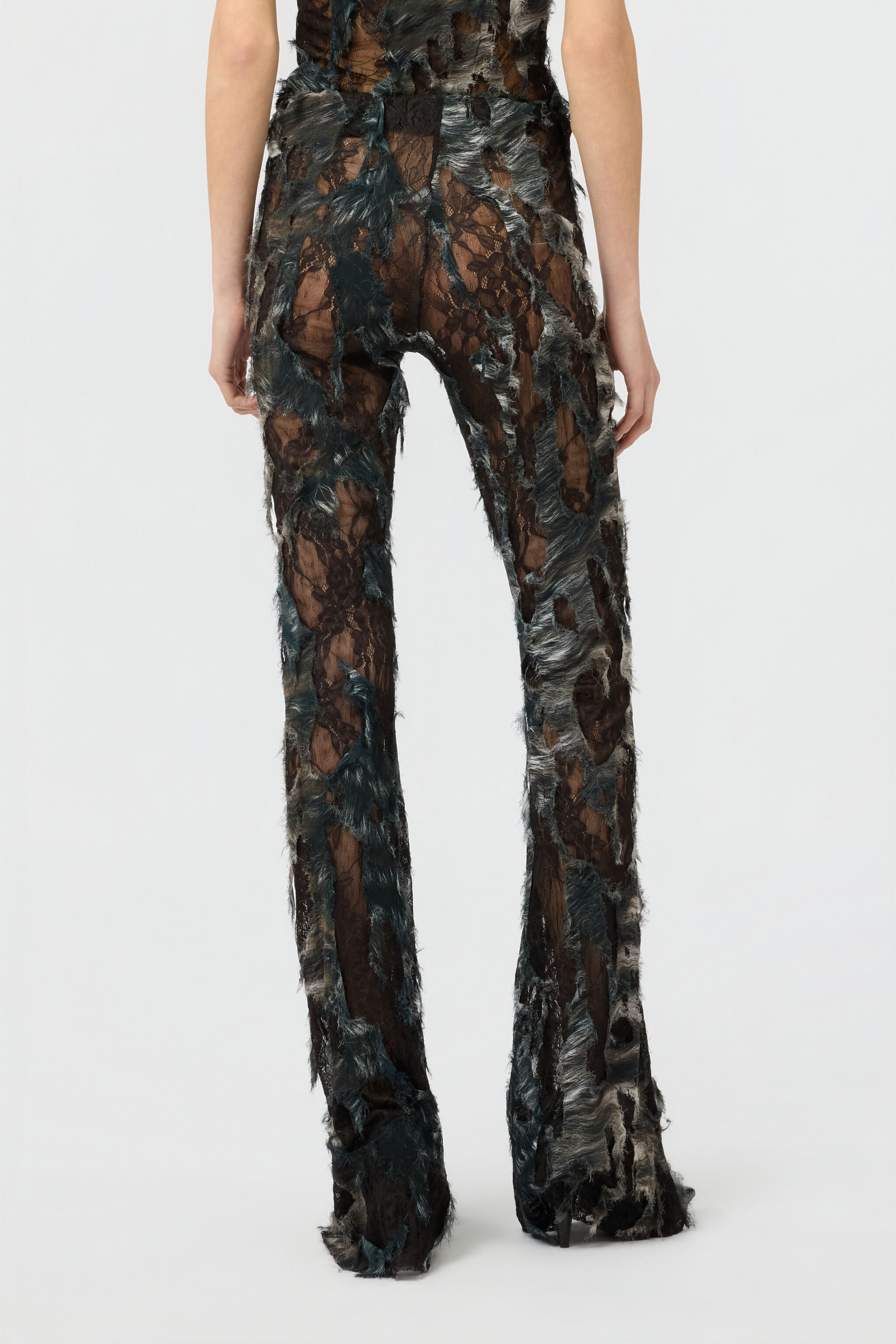 RC Pants with Fur Print on Destroyed-Effect Lace BLACK/BEIGE XWT206-7HT79