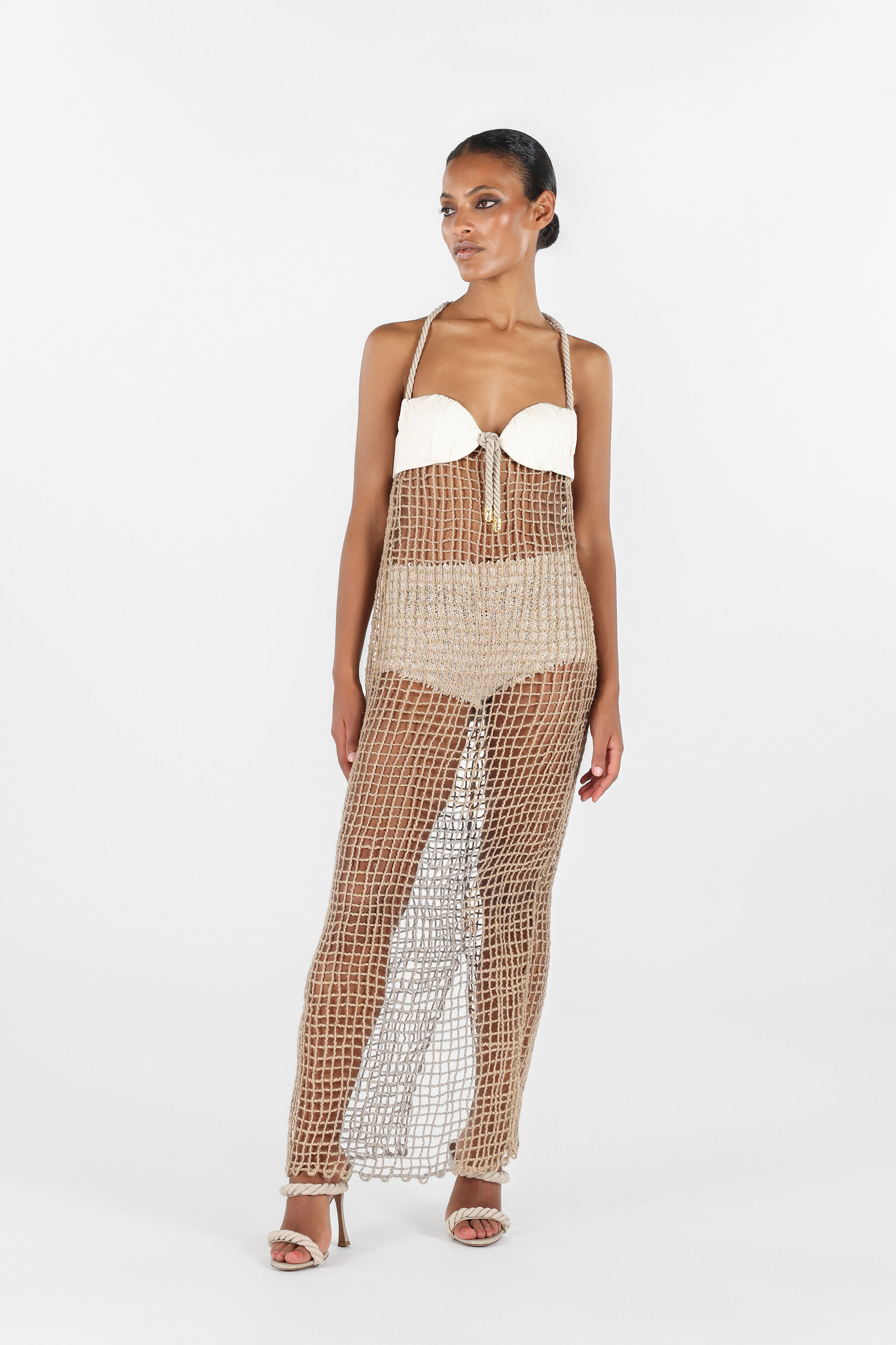 RC Rope fishnet Detail Long Dress RC Rope fishnet Detail Long Dress Light Brown UWR144-FY073