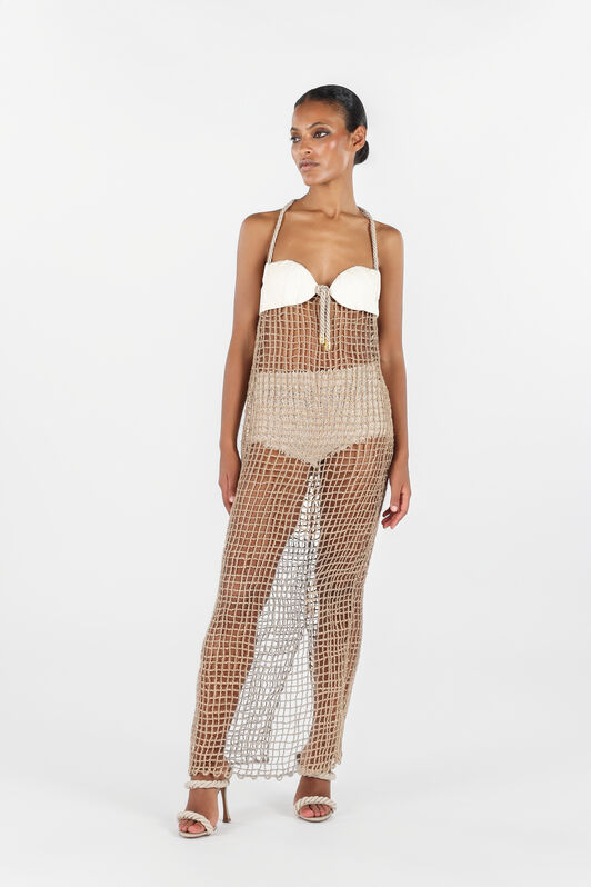 RC Rope fishnet Detail Long Dress RC Rope fishnet Detail Long Dress Light Brown UWR144-FY073
