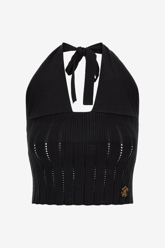 RC Schwarzer Geripptes Neckholder-Top RC Schwarzer Geripptes Neckholder-Top Schwarz SKM606-MG005
