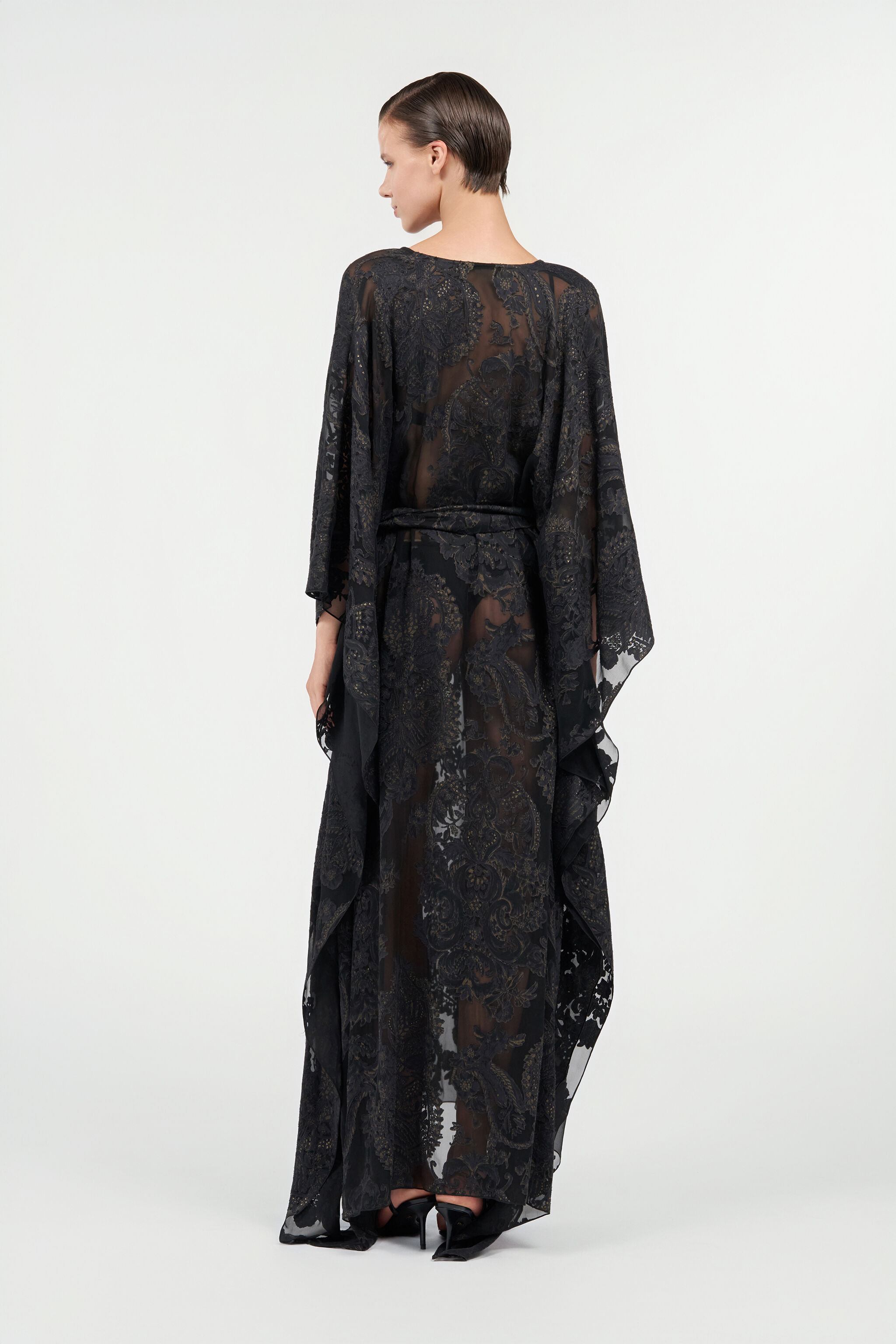 Roberto Cavalli　フード付きシルク カフタン　チュニック Sheer Silk Kaftan in Ornamental Black in BLACK for Women | Roberto