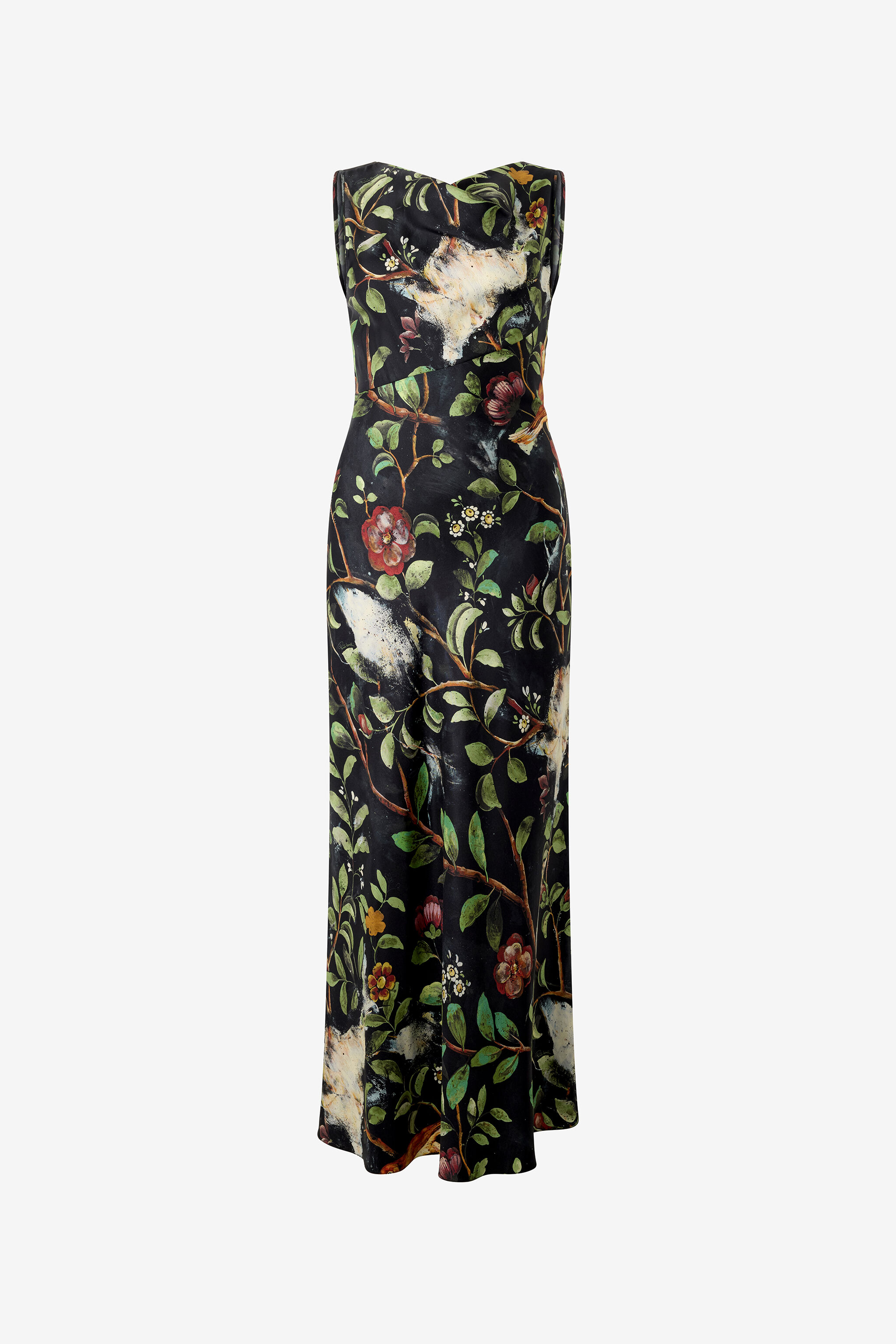 Silk Twill Dress With Pompei Garden Print in Black for Women