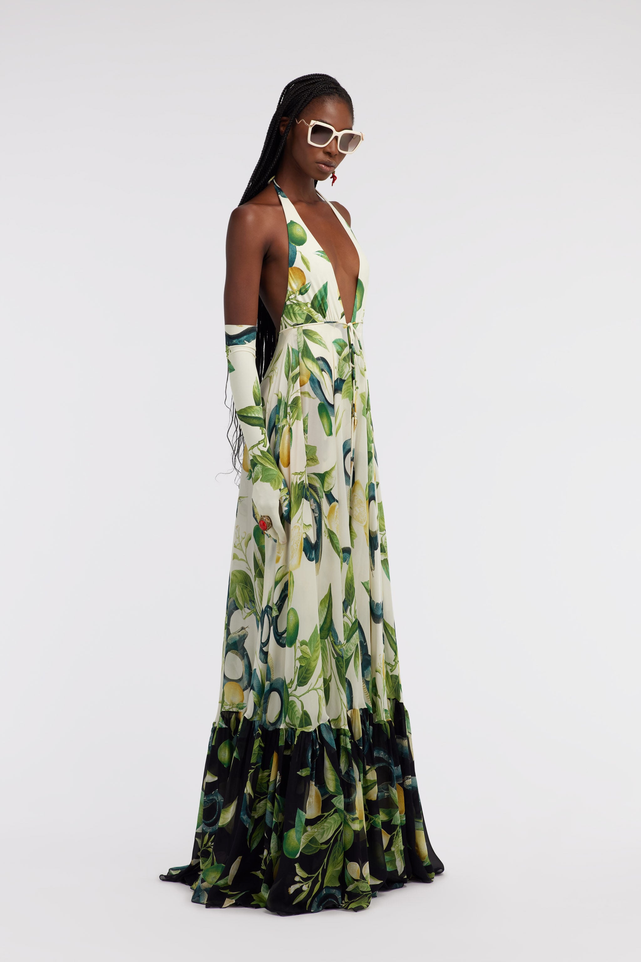 Lemon print long dress in Ivory for Women | Roberto Cavalli®