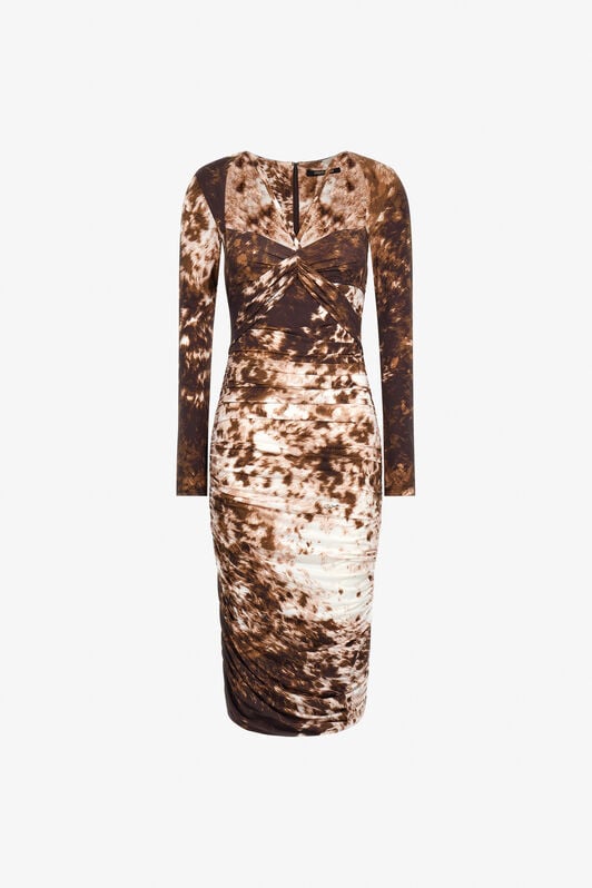 RC Appaloosa Print Ruched Midi Dress RC Appaloosa Print Ruched Midi Dress Brown TKT171-LNN08