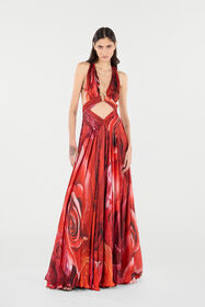 RC Abito Lungo Stampa Rose E Cut-Out Rosso UKT158-CTN48
