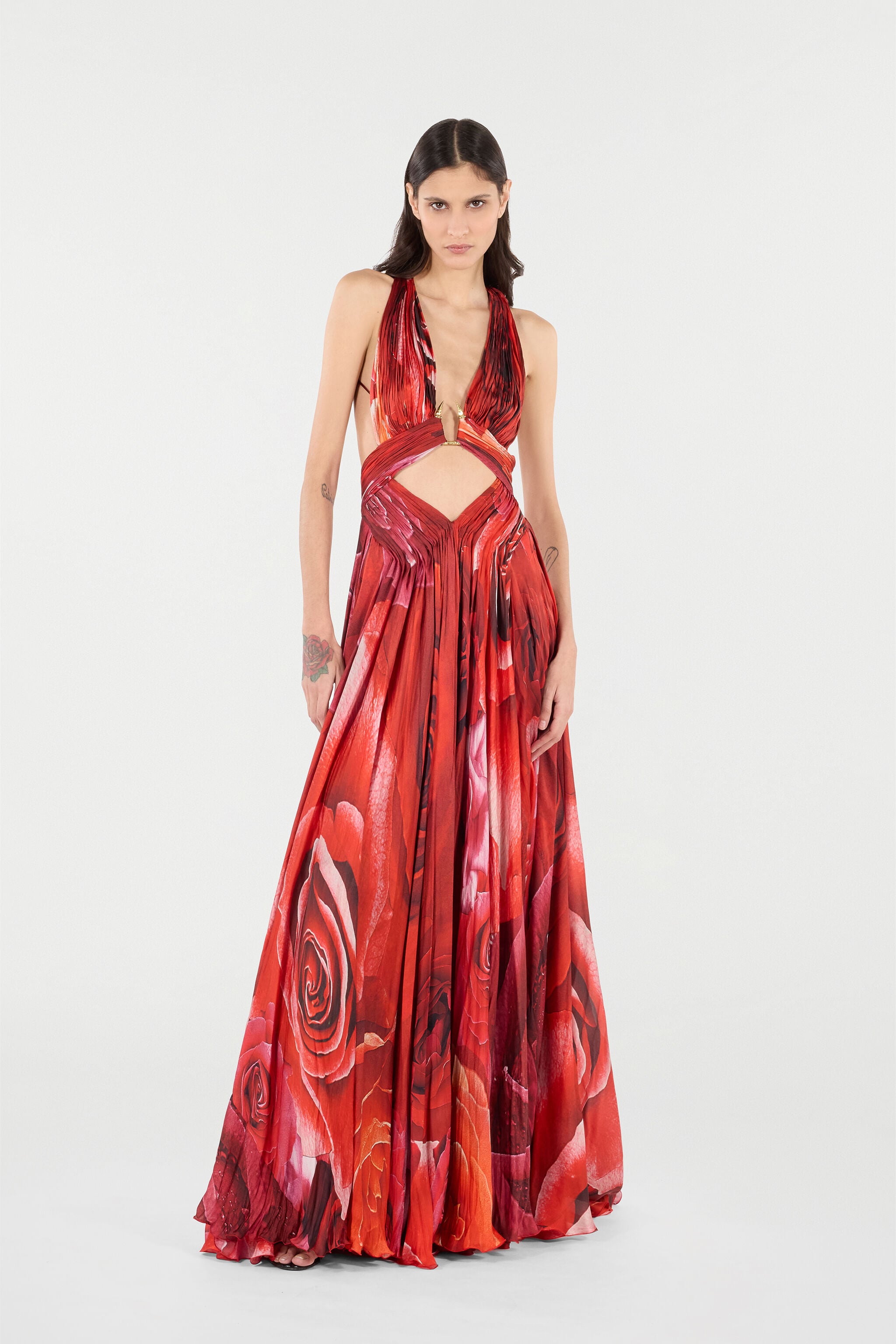 RC Langes Kleid Mit Print Rose Und Cut-Out RC Langes Kleid Mit Print Rose Und Cut-Out Rot UKT158-CTN48