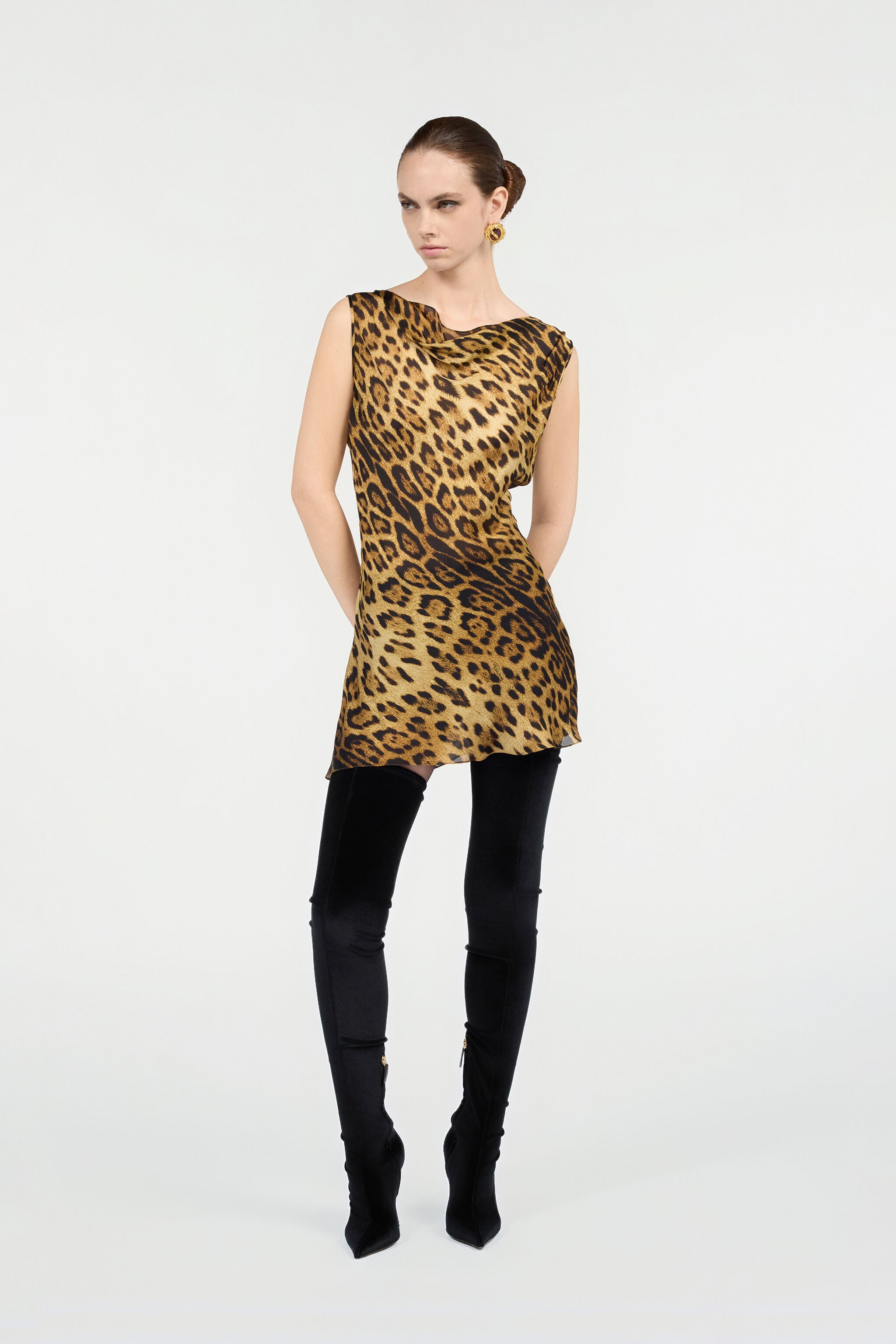 RC Silk Mini Dress With Jaguar Skin Print Brown VWT128-HZQ71