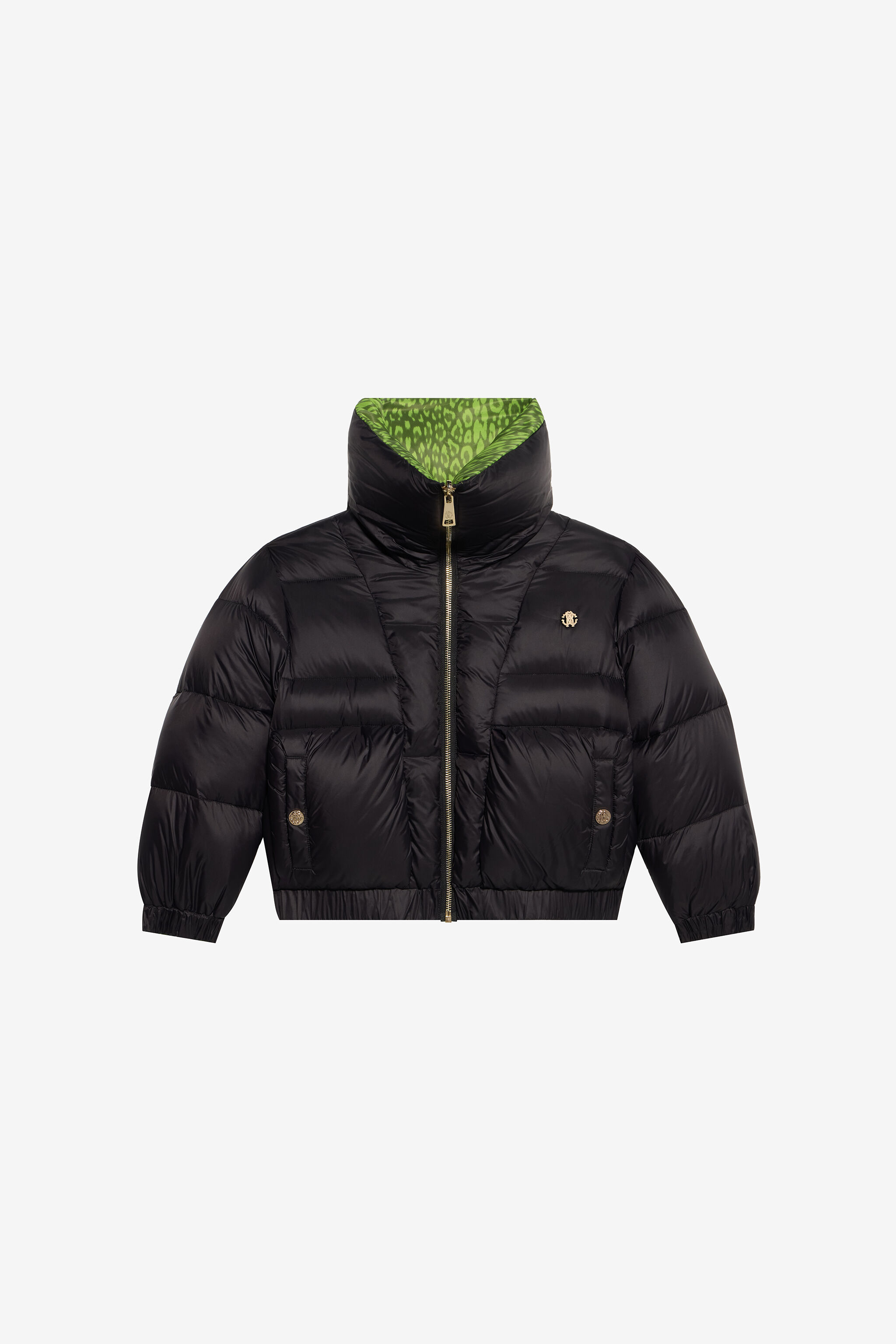 JU Schwarze Steppjacke mit grünem Jaguar-Print-Futter JU Schwarze Steppjacke mit grünem Jaguar-Print-Futter BLACK/G.V. XJT40T-5RS64
