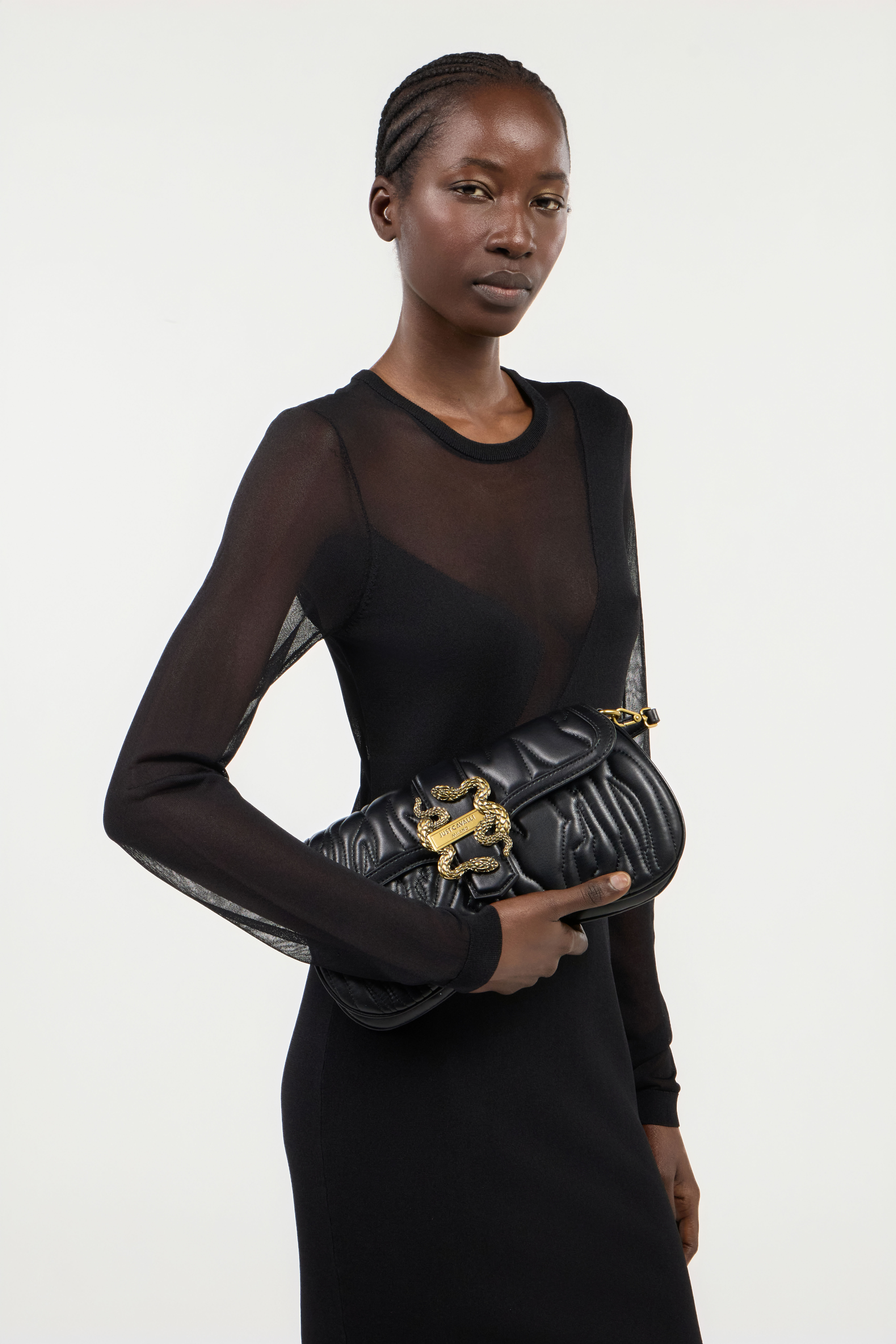 JC Black Quilted Shoulder Bag with Snake Buckle BLACK UFB028-UF397