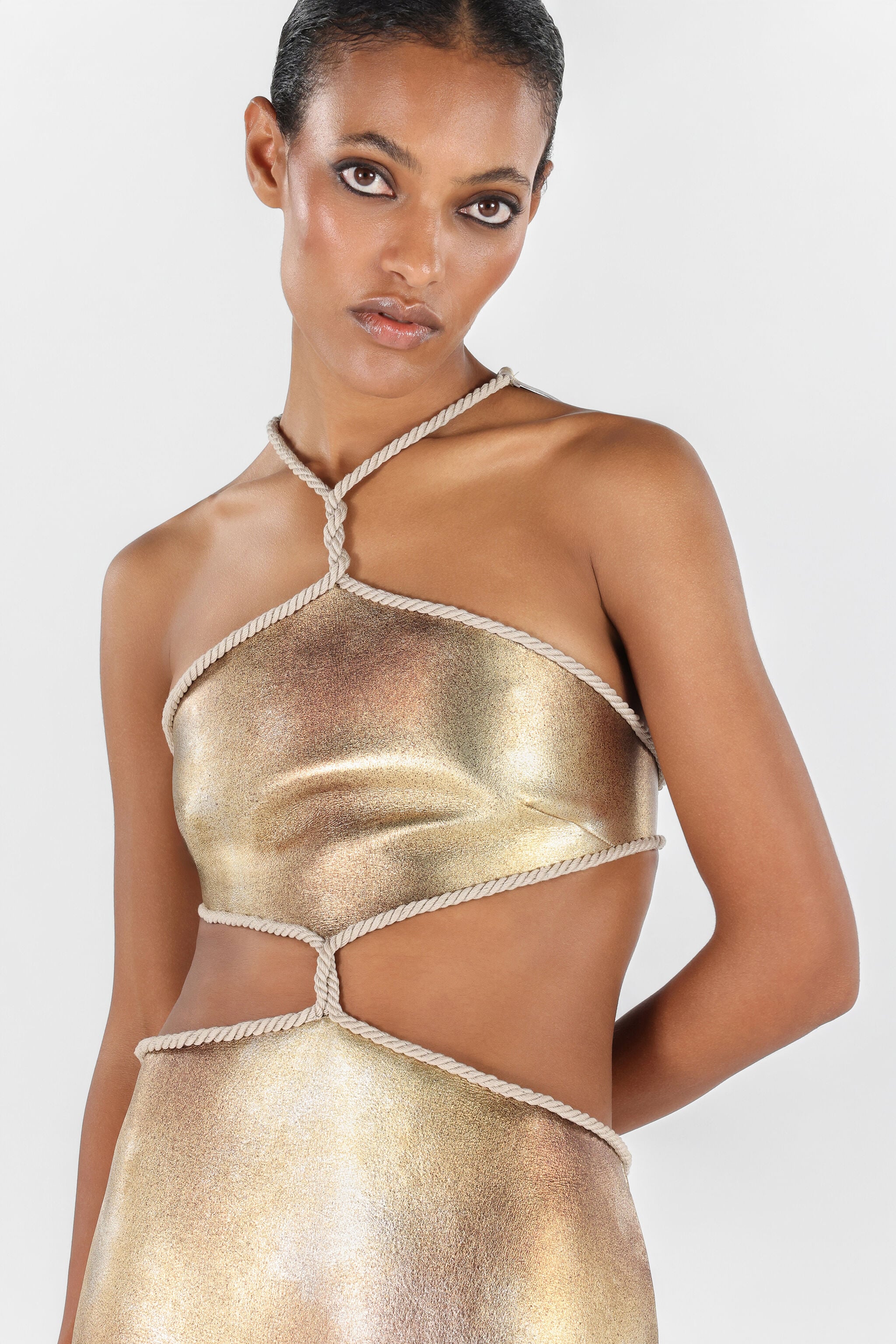 Cut-Out Short Dress with Ropes in Gold for Women | Roberto Cavalli®
