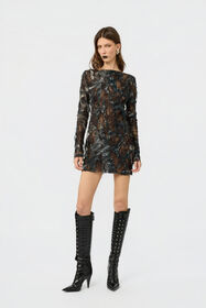 RC Mini Dress with Fur Print on Destroyed-Effect Lace BLACK/BEIGE XWT143-7HT79