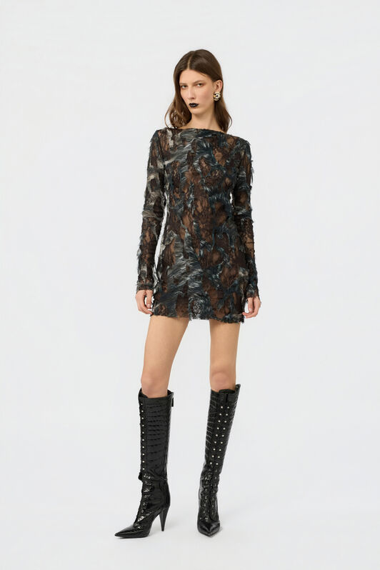 RC Mini Dress with Fur Print on Destroyed-Effect Lace RC Mini Dress with Fur Print on Destroyed-Effect Lace BLACK/BEIGE XWT143-7HT79