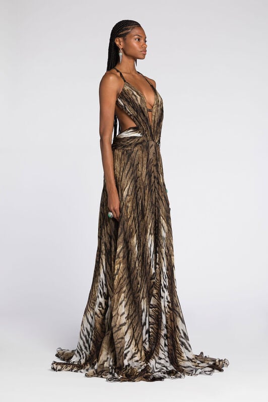 RC Tiger-Print Silk Maxi Dress RC Tiger-Print Silk Maxi Dress Brown QKT195-CTG77