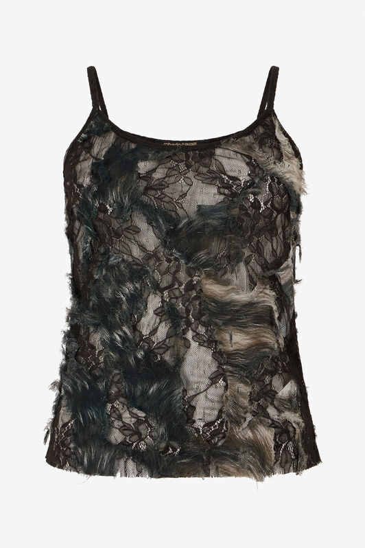 RC Top con estampado Fur sobre encaje con efecto desgastado BLACK/BEIGE XWT605-7HT79