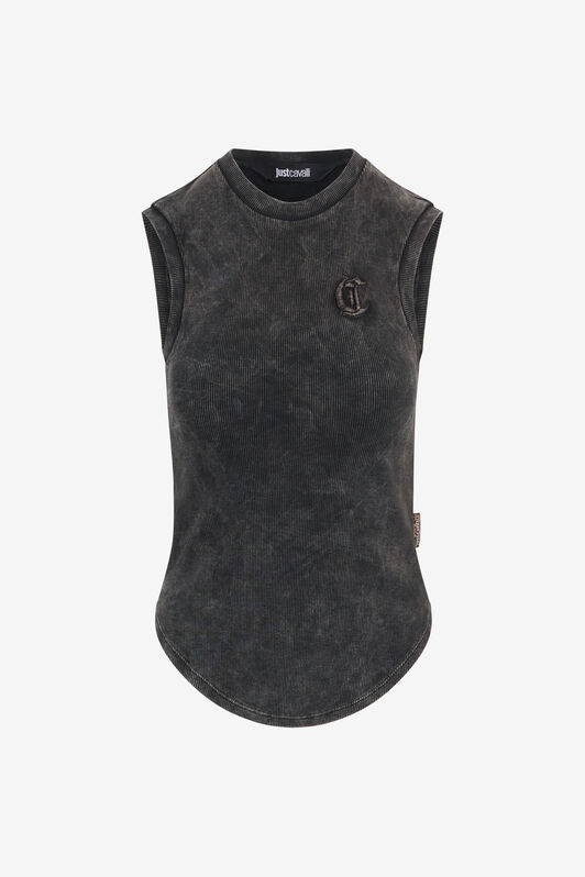 JC Geripptes Top in Schwarz mit C-Logo BLACK UFT127-UF181