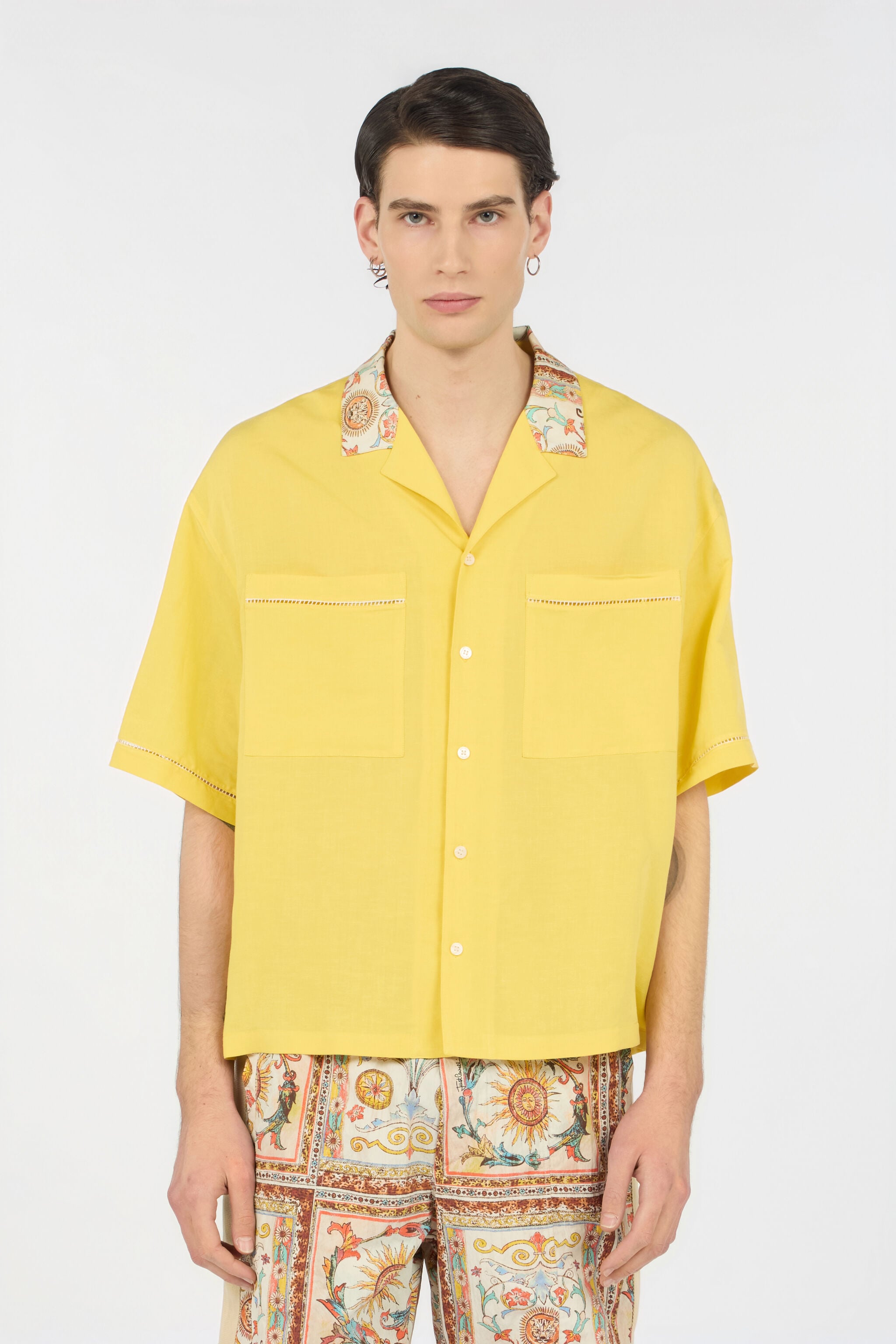 JC Yellow Shirt With Persian Tarot Print Collar JC Yellow Shirt With Persian Tarot Print Collar POP CORN WFM025-WF173