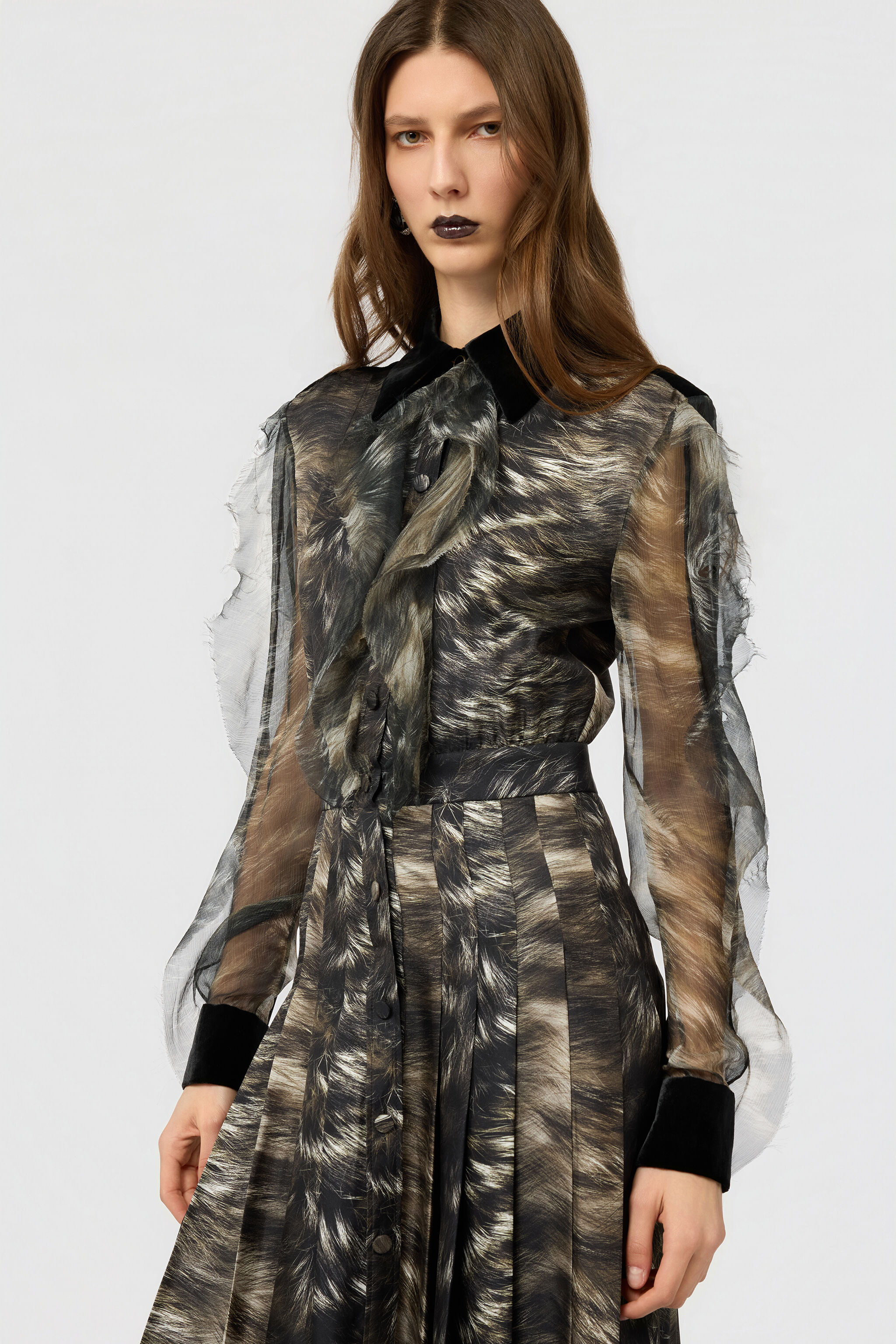 RC Vestido midi de seda con estampado Fur BLACK/BEIGE XWT113-OZT79