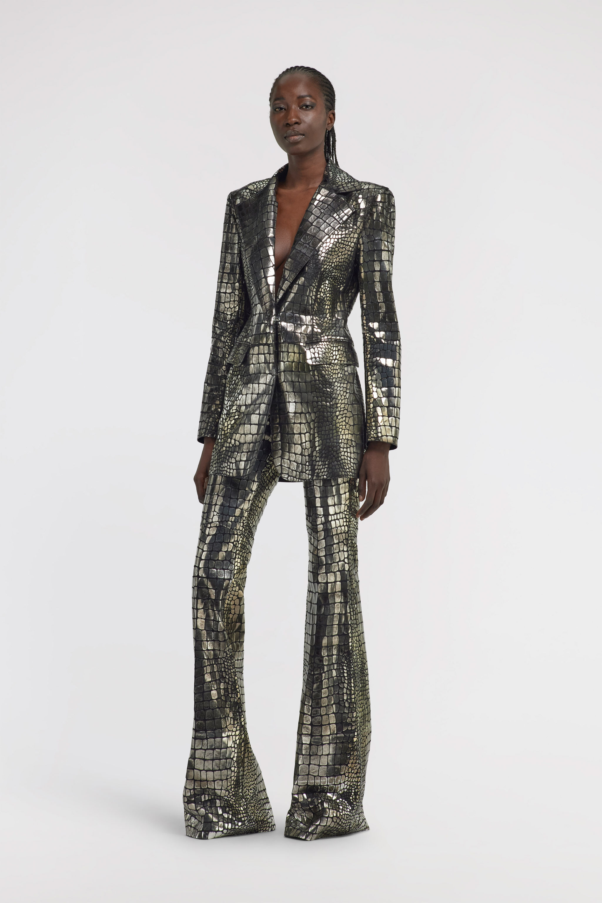 Crocodile Effect Pants in Silver for Women | Roberto Cavalli®