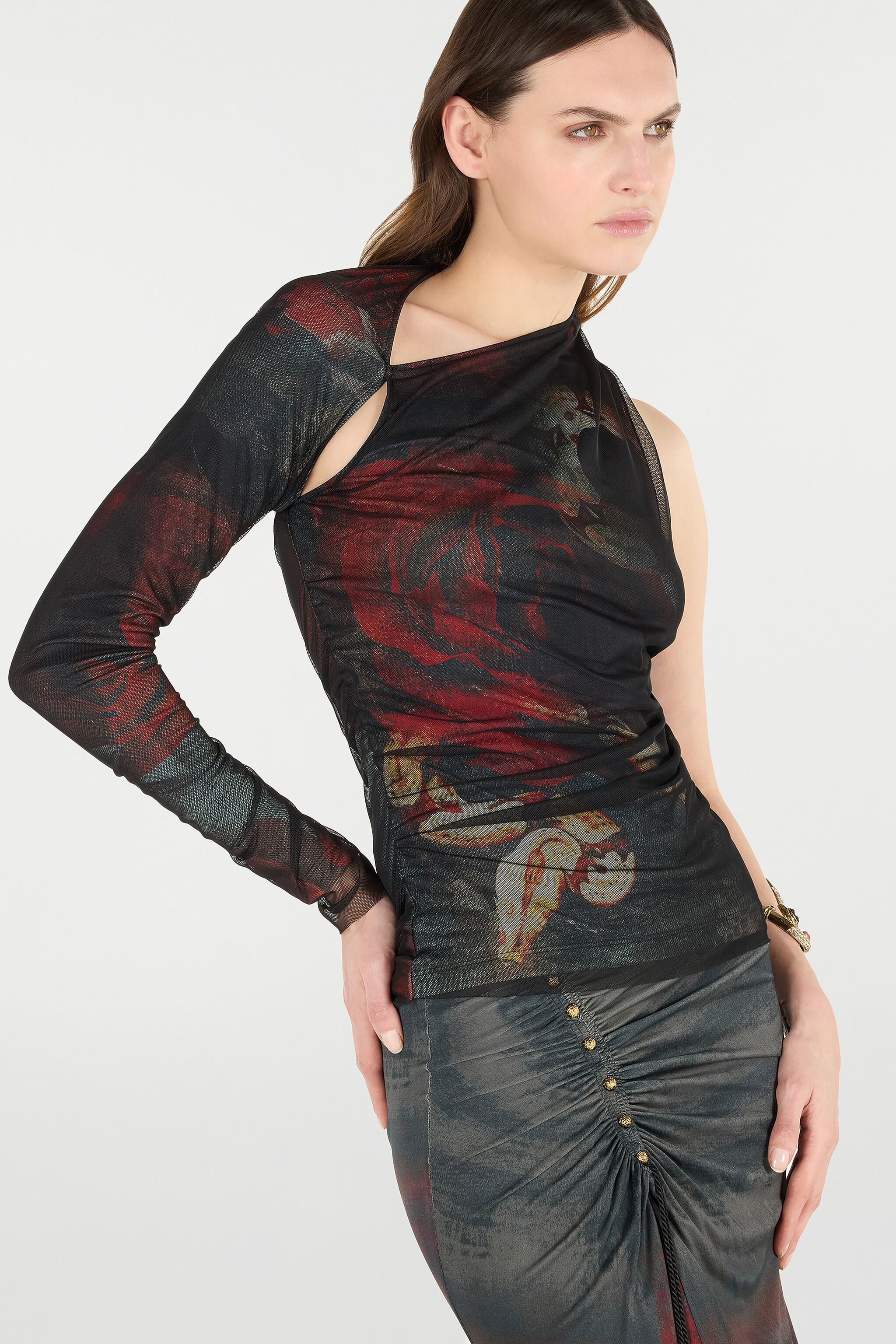 RC One-Sleeve Sweater With Rose And Snake RC One-Sleeve Sweater With Rose And Snake Red UKT65B-LSN59