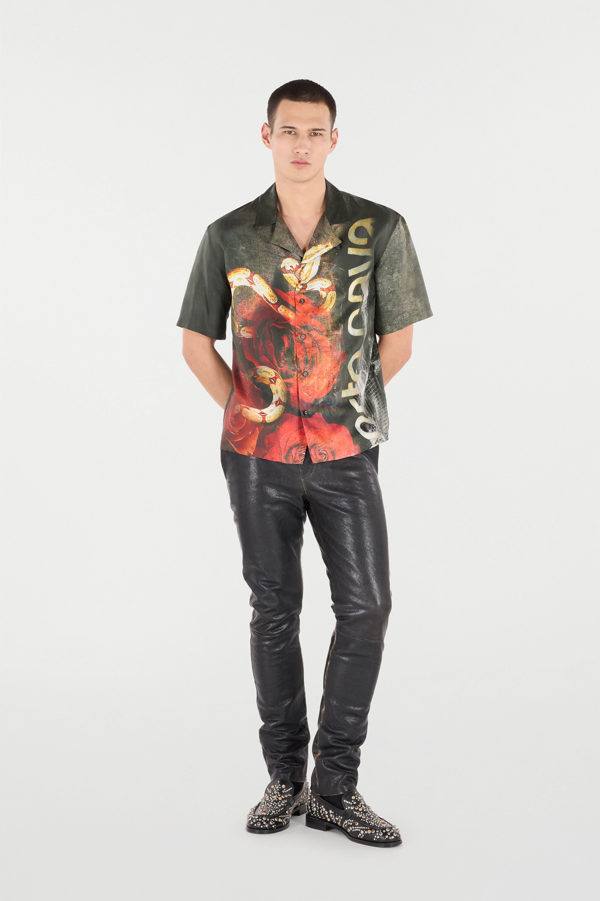 RC Silk Shirt With Roses And Snakes Print RC Silk Shirt With Roses And Snakes Print Red URT761-4QN69