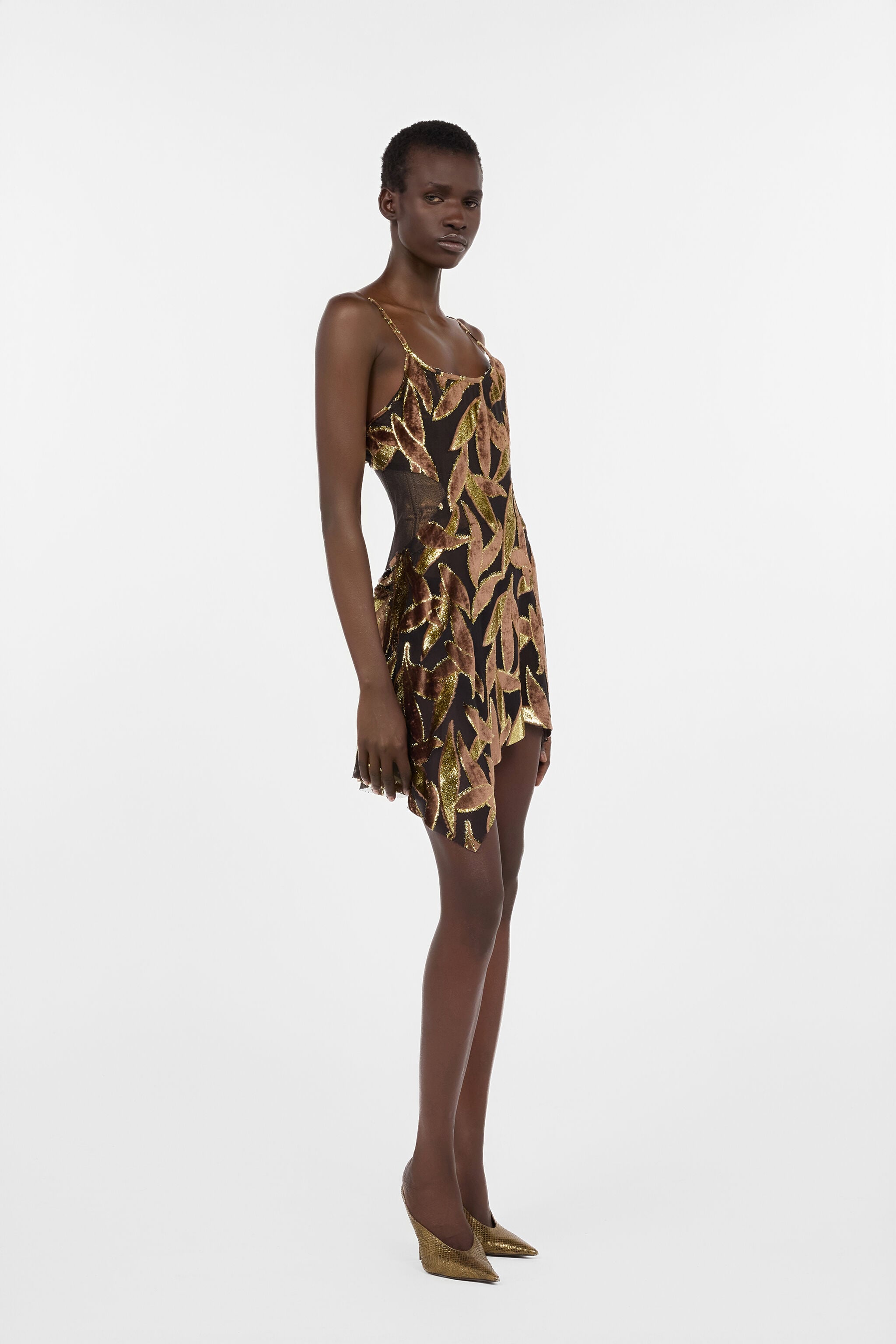 Chocolate Sheer Mini Dress with Foliage Motif in CHOCOLATE for