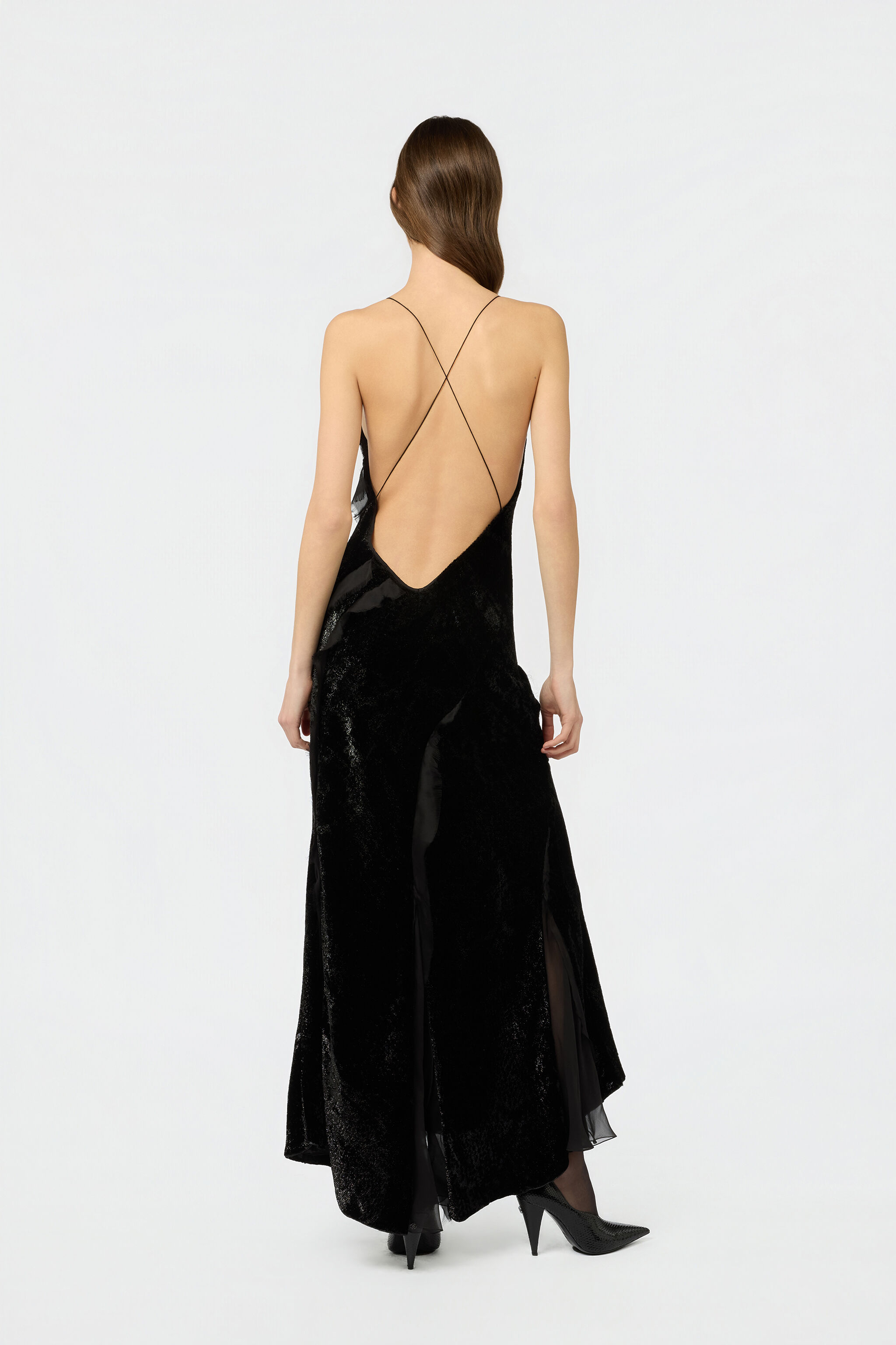 RC Velvet Slip Dress with Silk Chiffon Ruffles BLACK XWT115-VL067