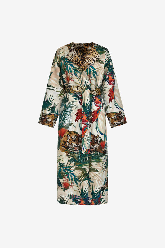 RC Jungle Print Belted Robe Coat With Silk Details RC Jungle Print Belted Robe Coat With Silk Details Green SKT501-SWI88