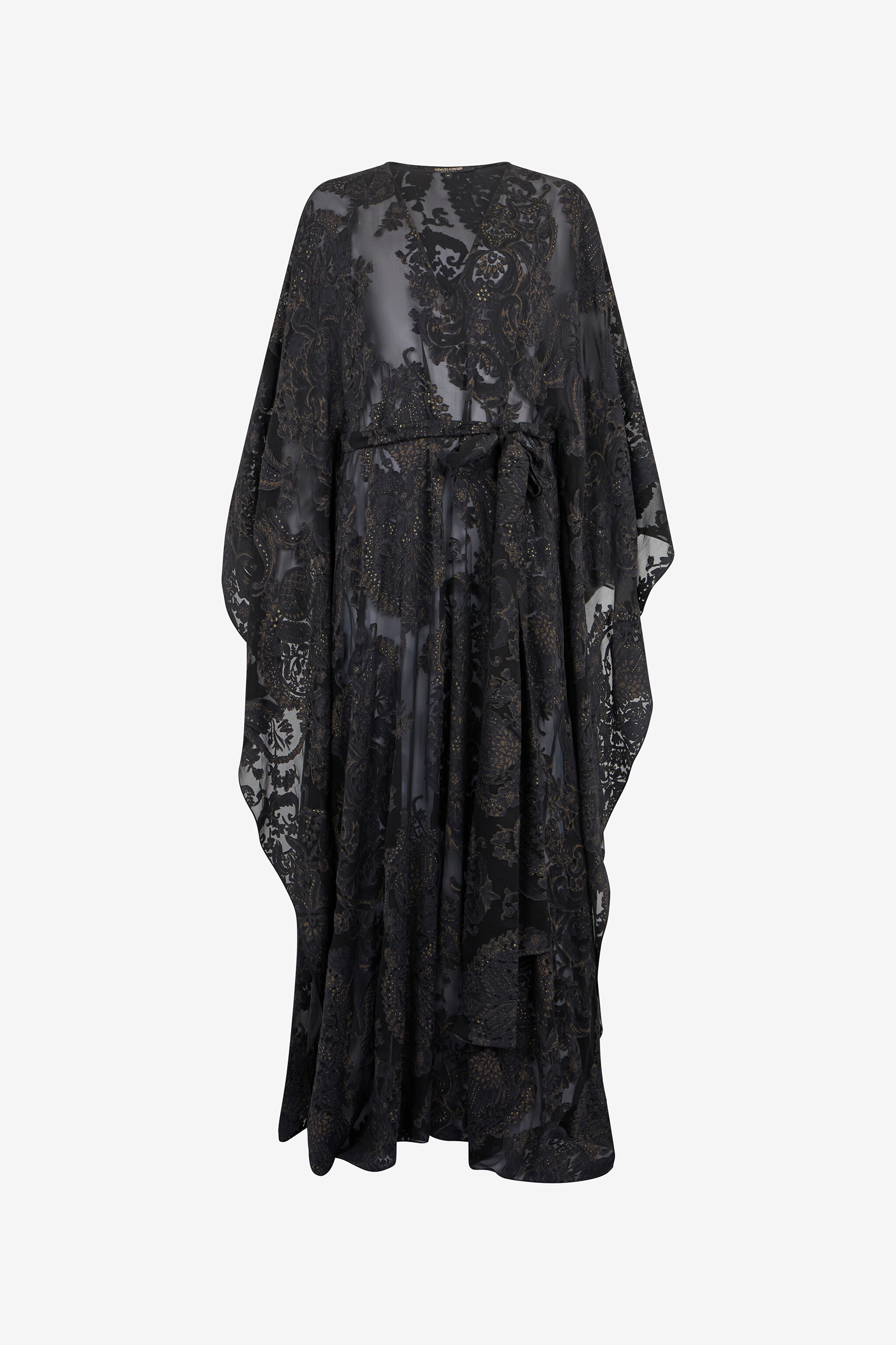 Roberto Cavalli　フード付きシルク カフタン　チュニック Sheer Silk Kaftan in Ornamental Black in BLACK for Women | Roberto