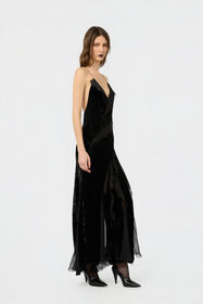 RC Velvet Slip Dress with Silk Chiffon Ruffles BLACK XWT115-VL067